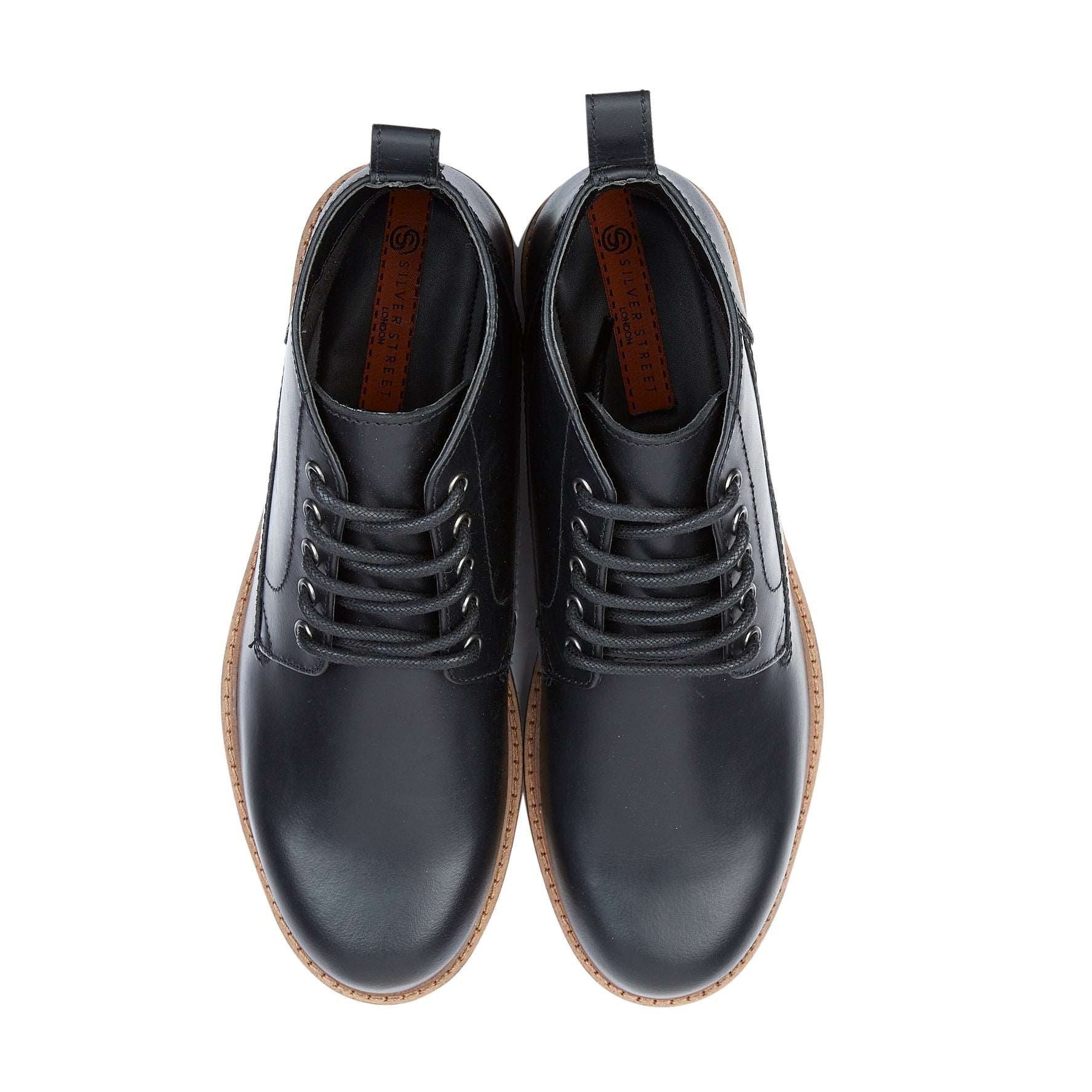 Silver Street London ALDERMAN Mens Boots Black top view showing lace-up design and round toe.