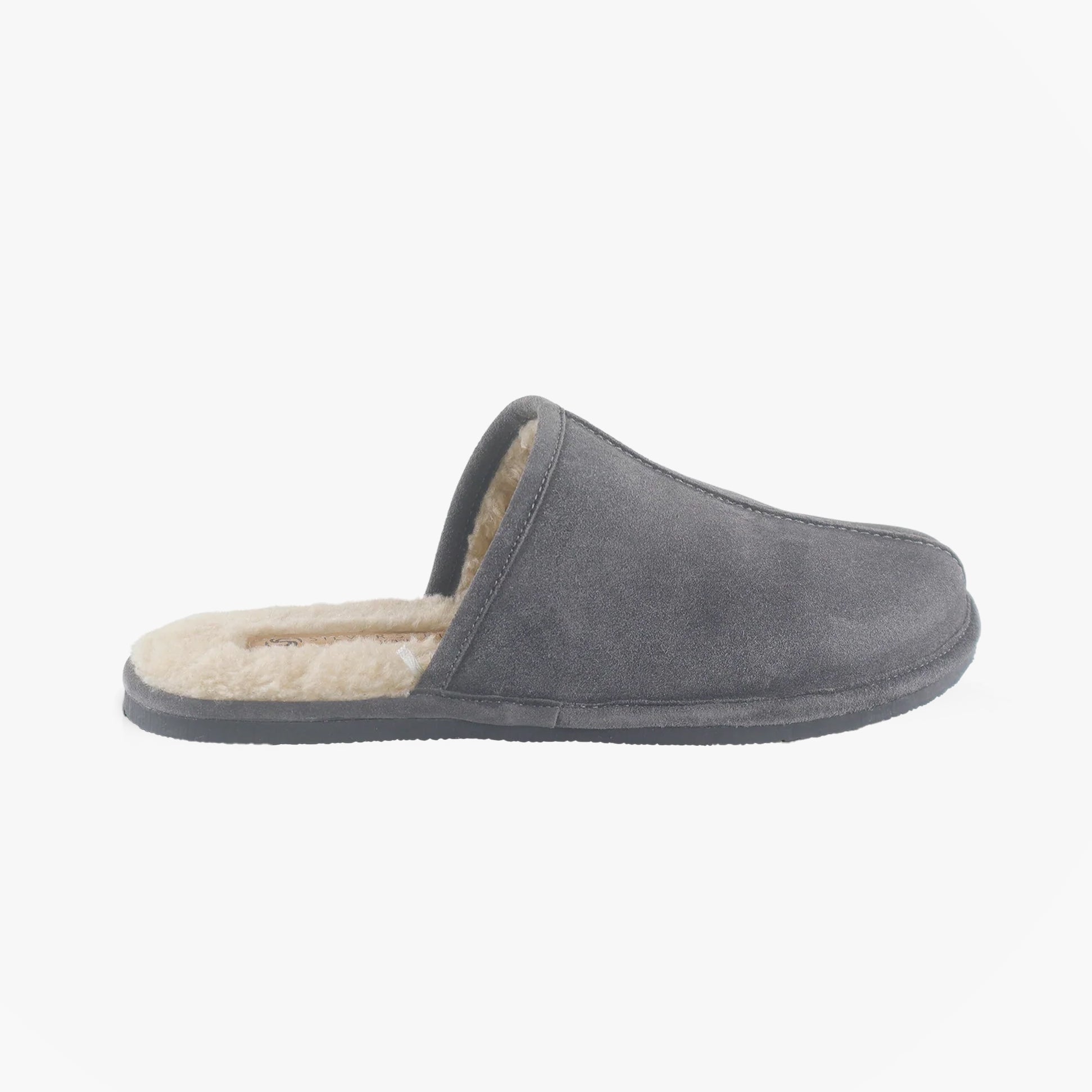 Silver Street London SMITHFIELD Mens Slippers Grey side view showing soft suede upper and warm lining.