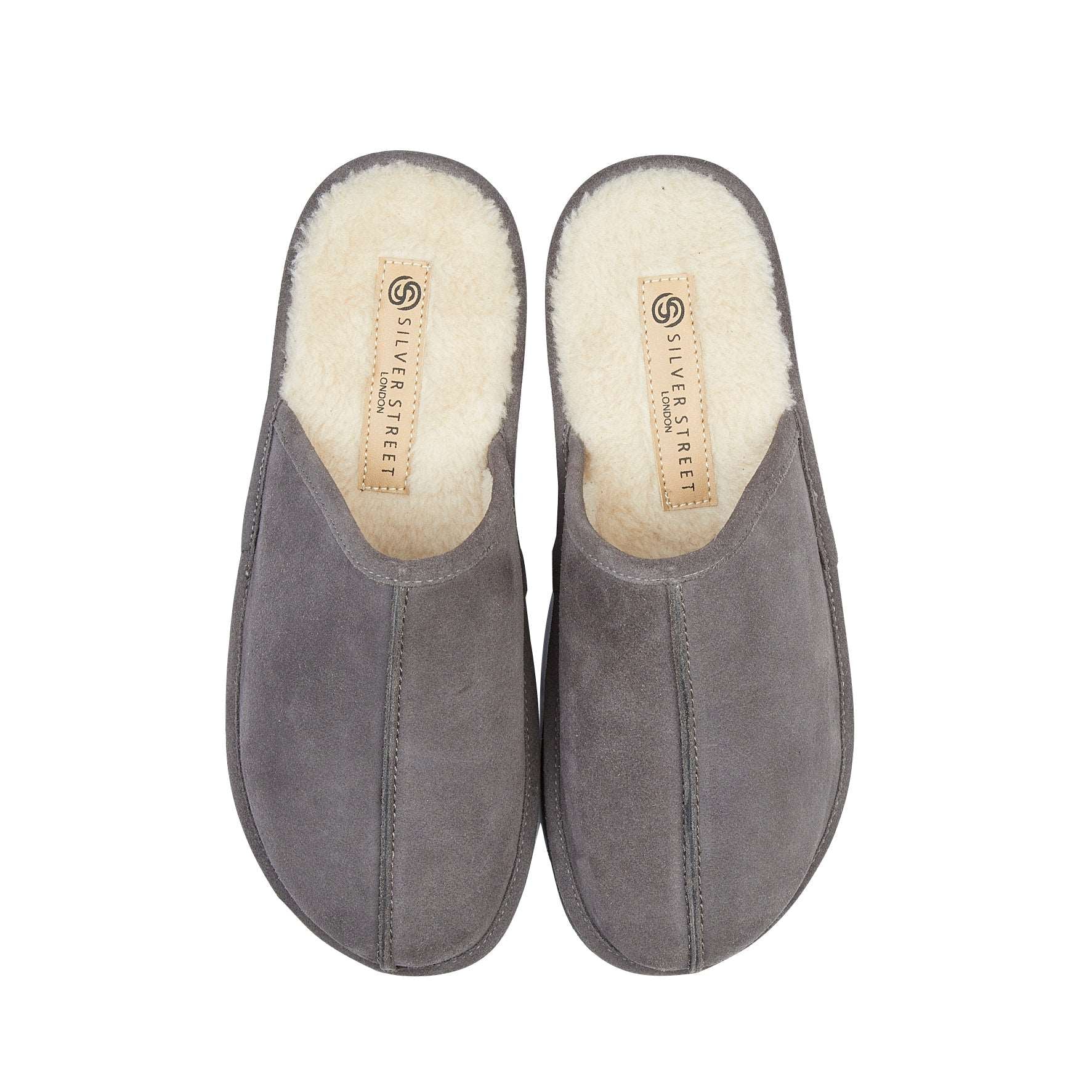 Silver Street London SMITHFIELD Mens Slippers Grey top view showing suede upper and warm lining.