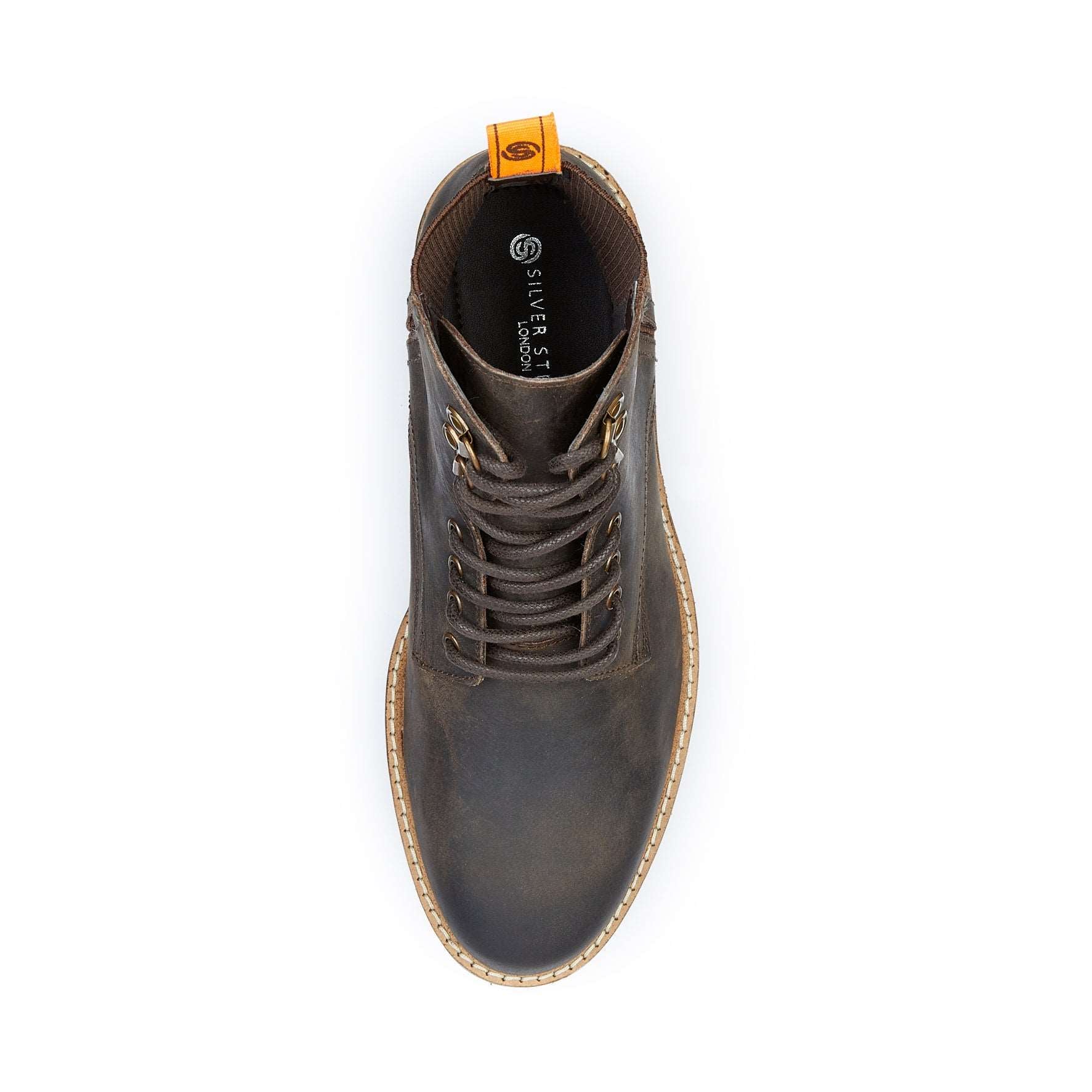 Silver Street London MANCHESTER Mens Boots Brown top view showing lace-up design and leather upper.