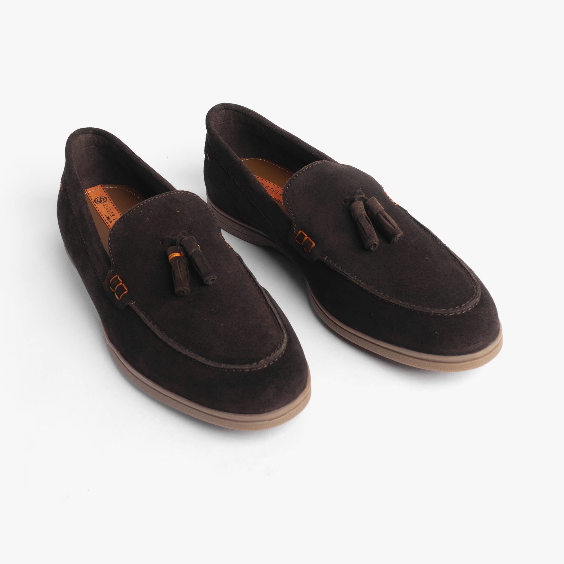 Silver Street London WEMBLEY Mens Loafers Brown side view showing suede material and tassel detail.
