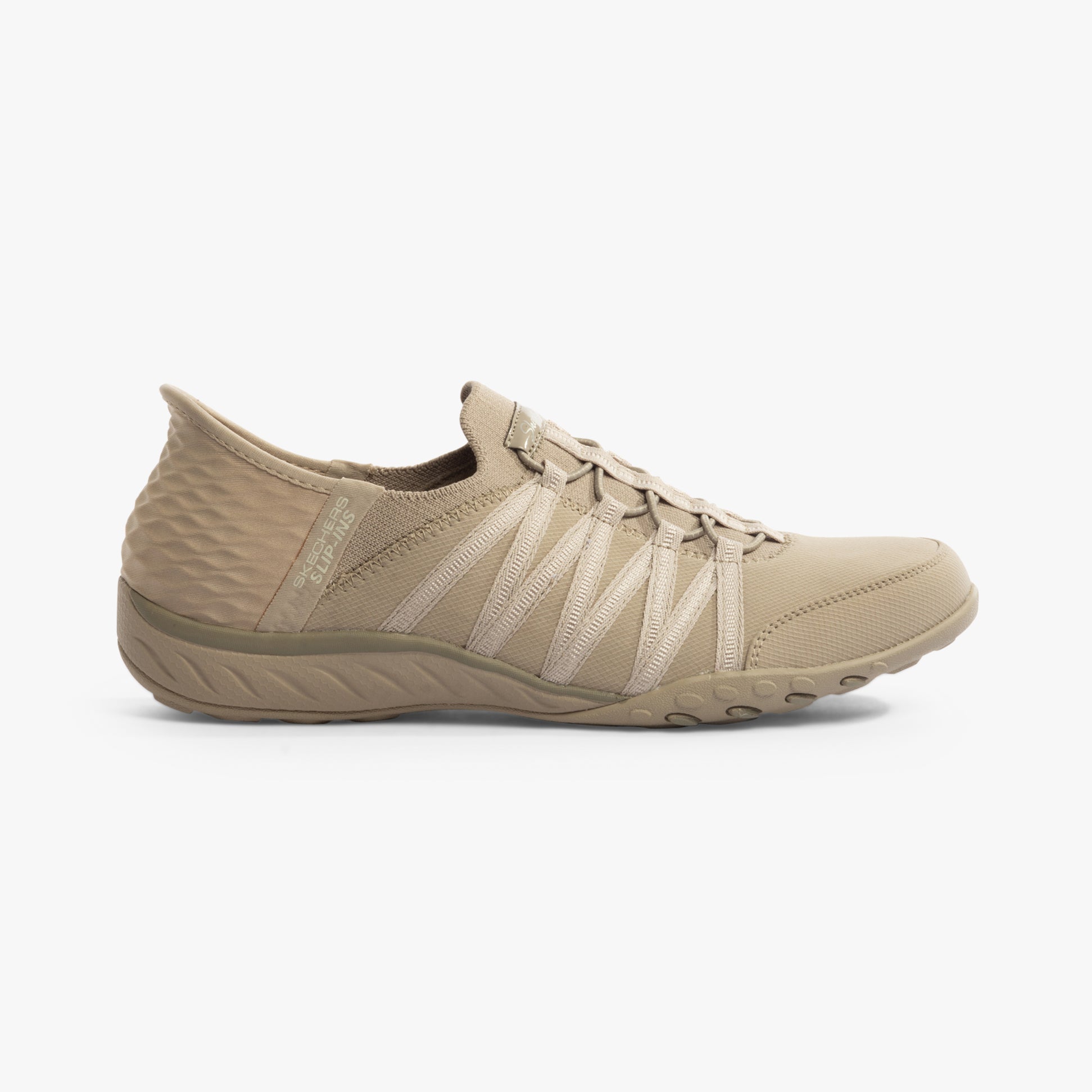 Skechers 100593/TPE BREATHE-EASY - ROLL-WITH-ME Womens Trainers Taupe side view showcasing the slip-on design and textile upper.