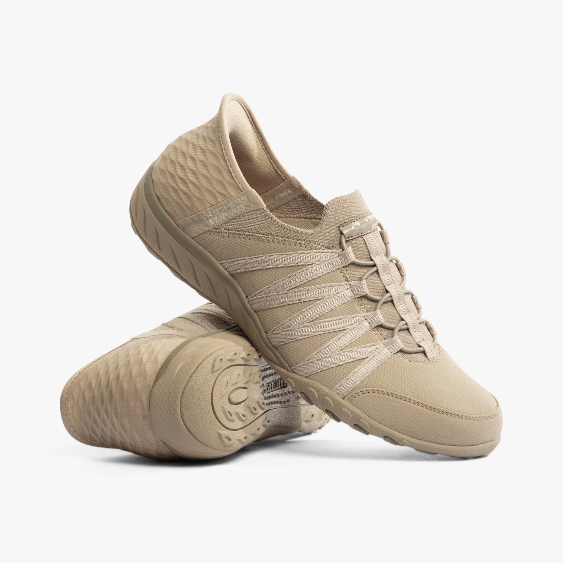 Skechers 100593/TPE BREATHE-EASY - ROLL-WITH-ME Womens Trainers Taupe, side view, casual flat slip-on trainers.