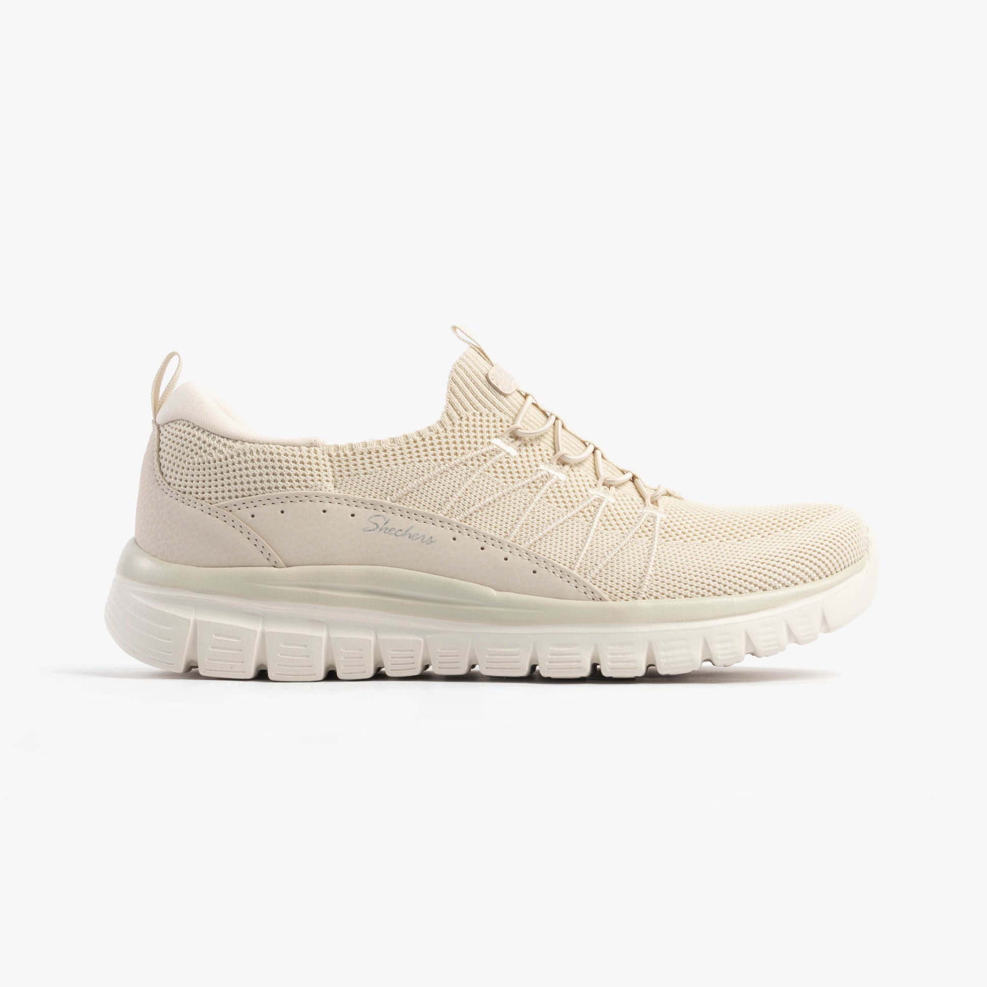 Skechers 100702/OFWT GRACEFUL - PICTURE PERFECT Womens Trainers Off White side view showing synthetic upper and low top design.