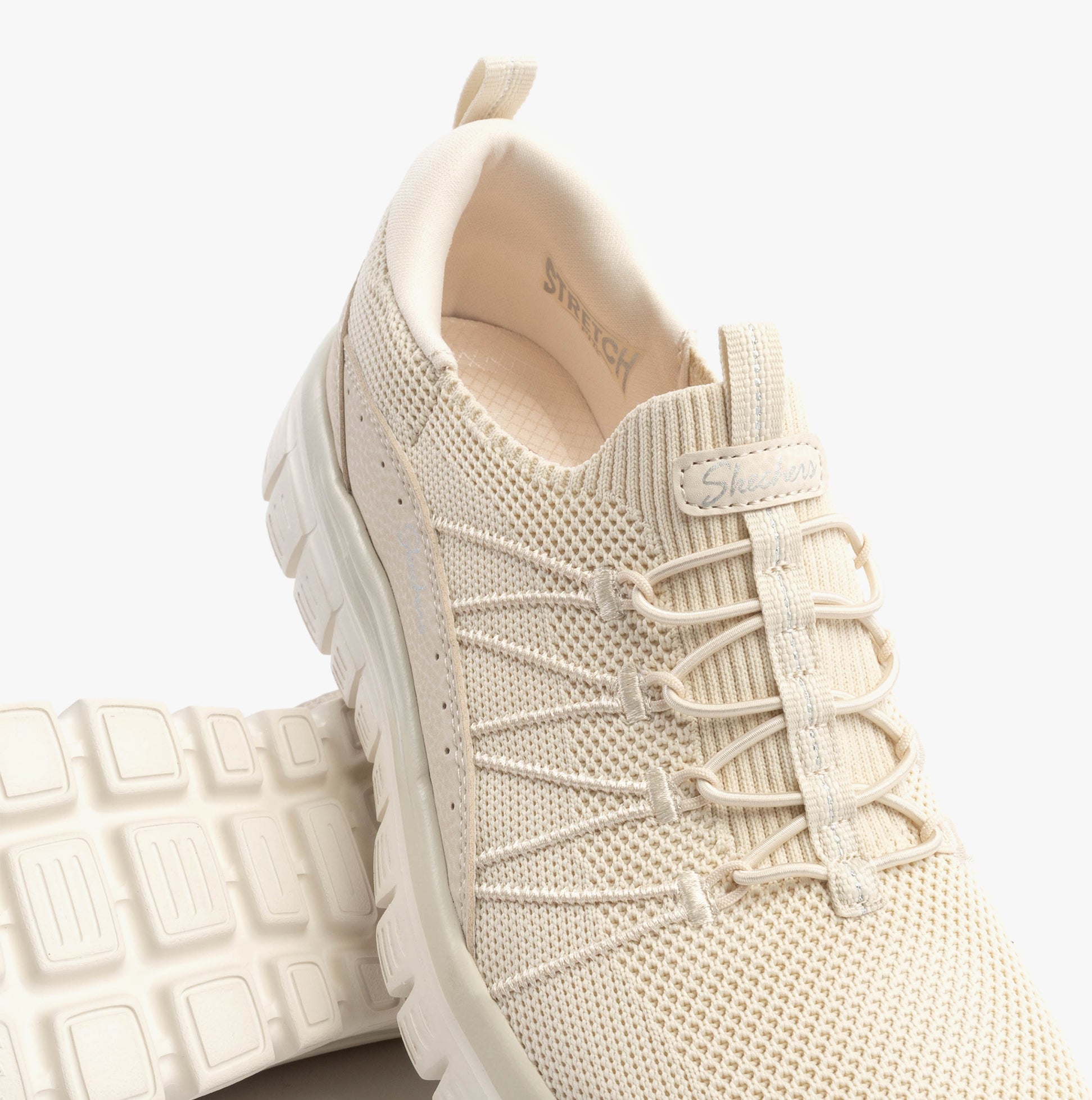 Skechers 100702/OFWT GRACEFUL - PICTURE PERFECT Womens Trainers Off White, top view showing knit upper and lace-up detail.
