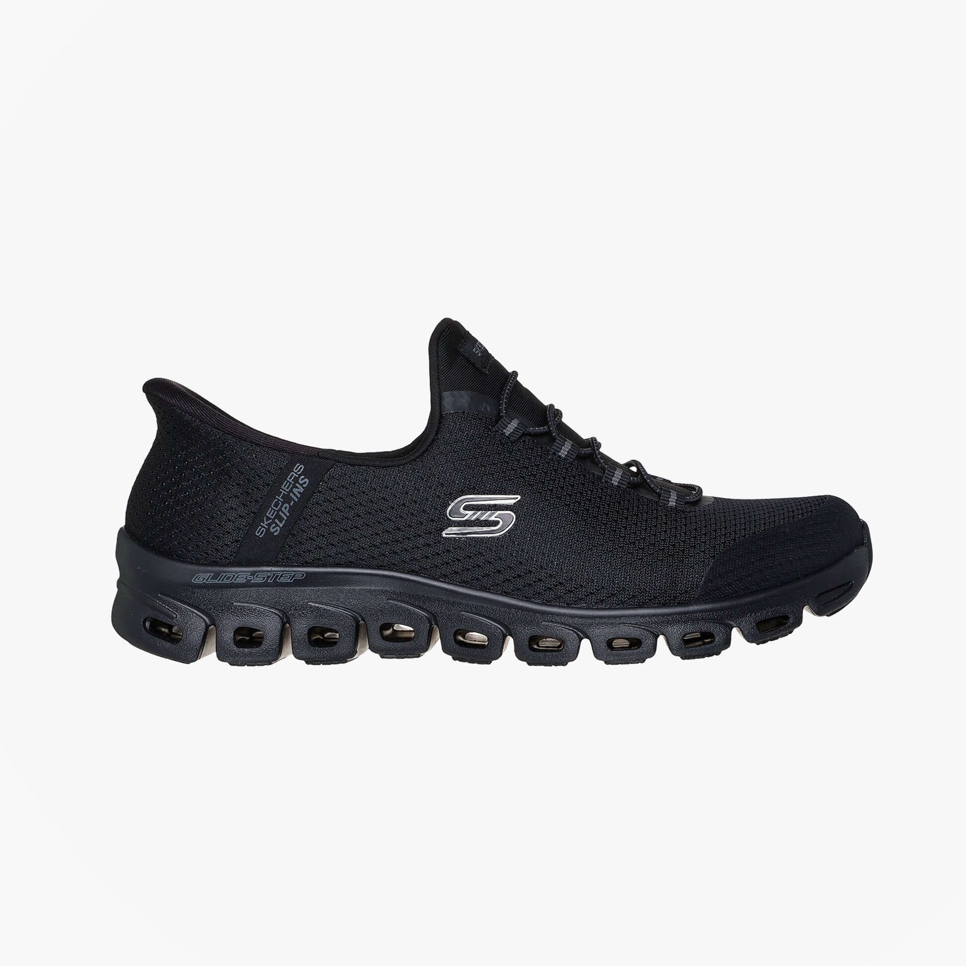 Skechers 104547/BBK GLIDE-STEP - PURSUIT Womens Trainers Black side view with comfort features and synthetic materials.
