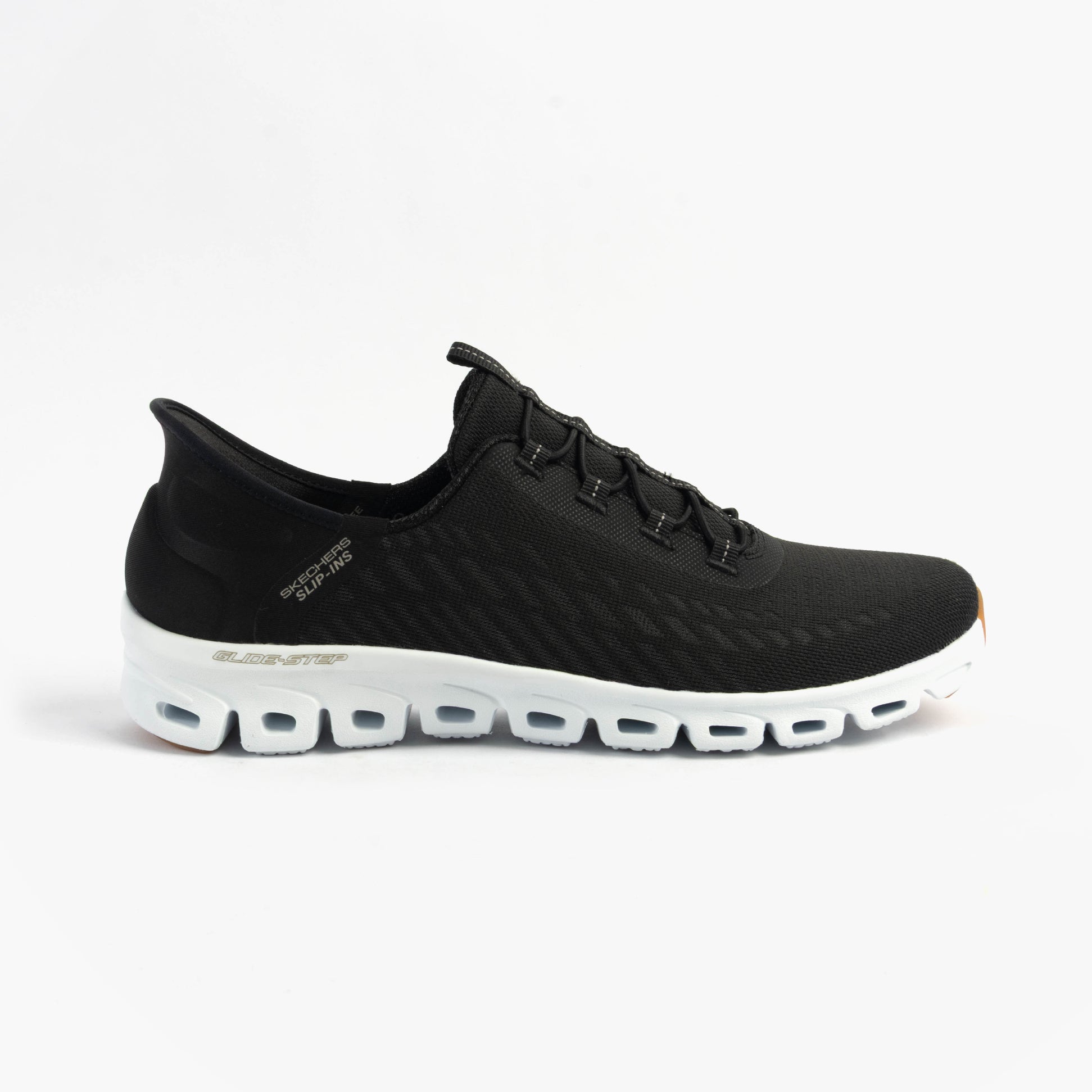 Skechers 104574/BKW GLIDE-STEP - TRANQUILITY Womens Trainers Black/White side view, casual trainers with low top design.