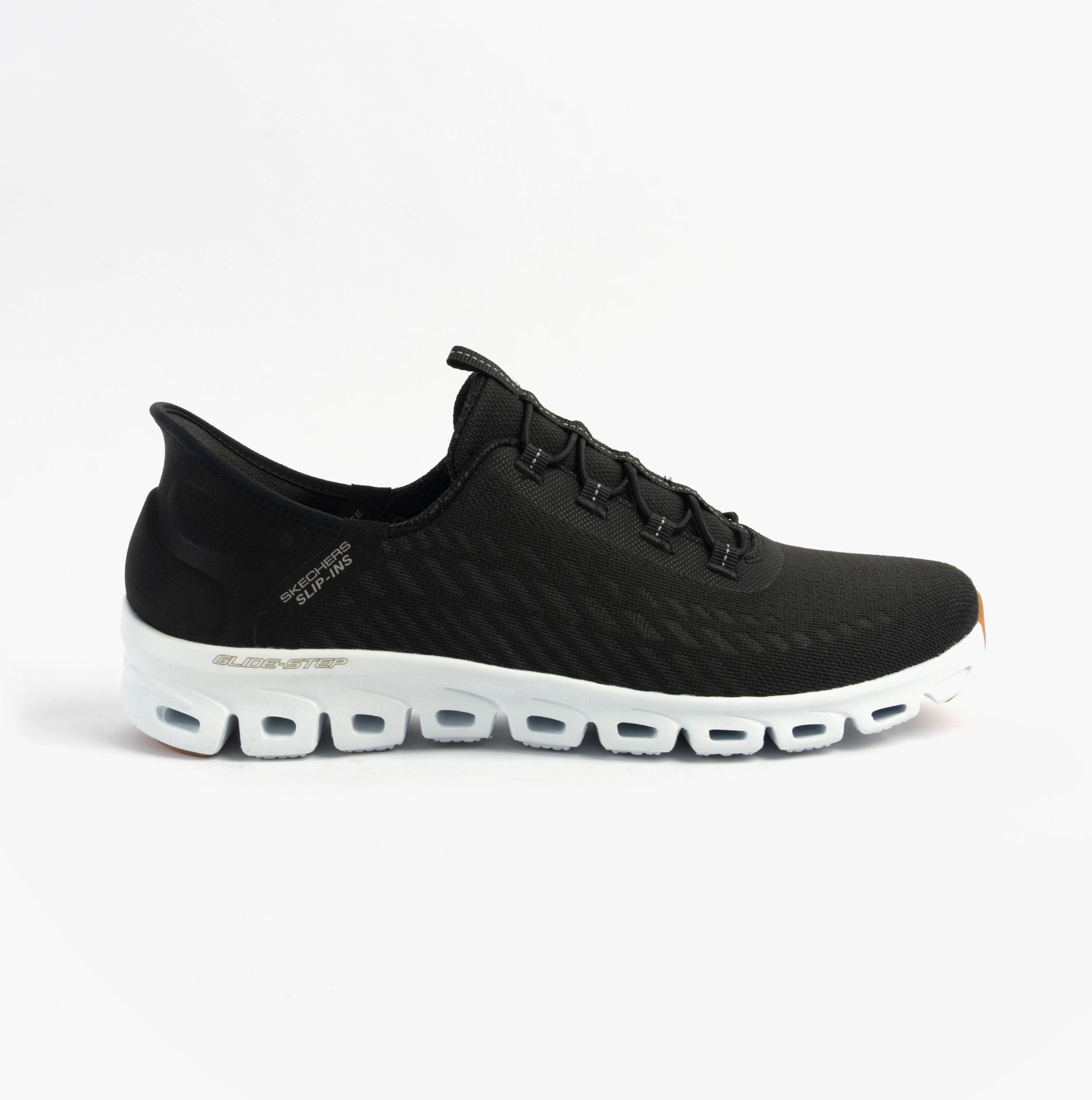 Skechers 104574/BKW GLIDE-STEP - TRANQUILITY Womens Trainers Black/White side view, casual trainers with low top design.