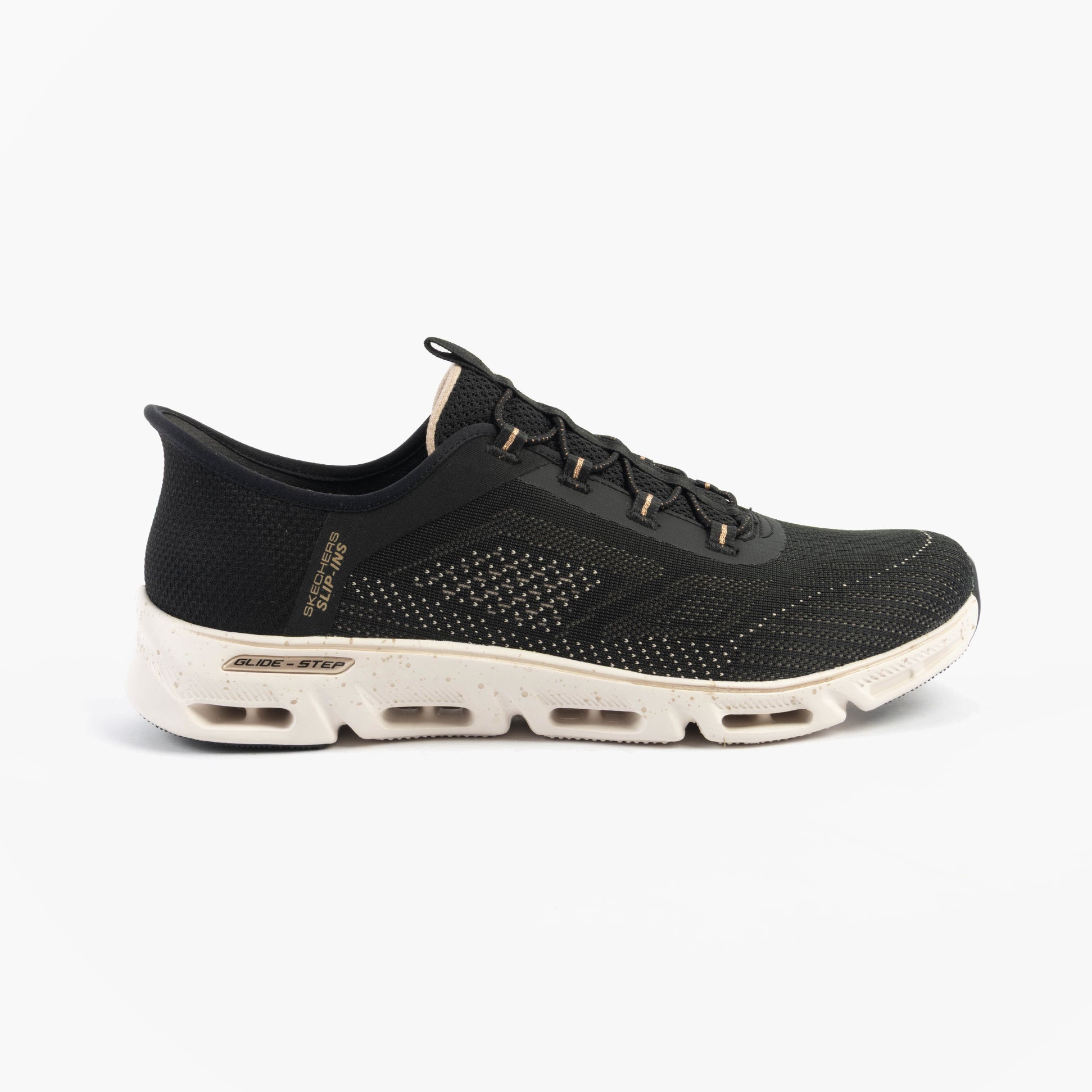 Skechers 104610/BKGD GLIDE-STEP GRATIFY - PACE Womens Trainers Black/Gold side view featuring mesh upper and lace-up closure.