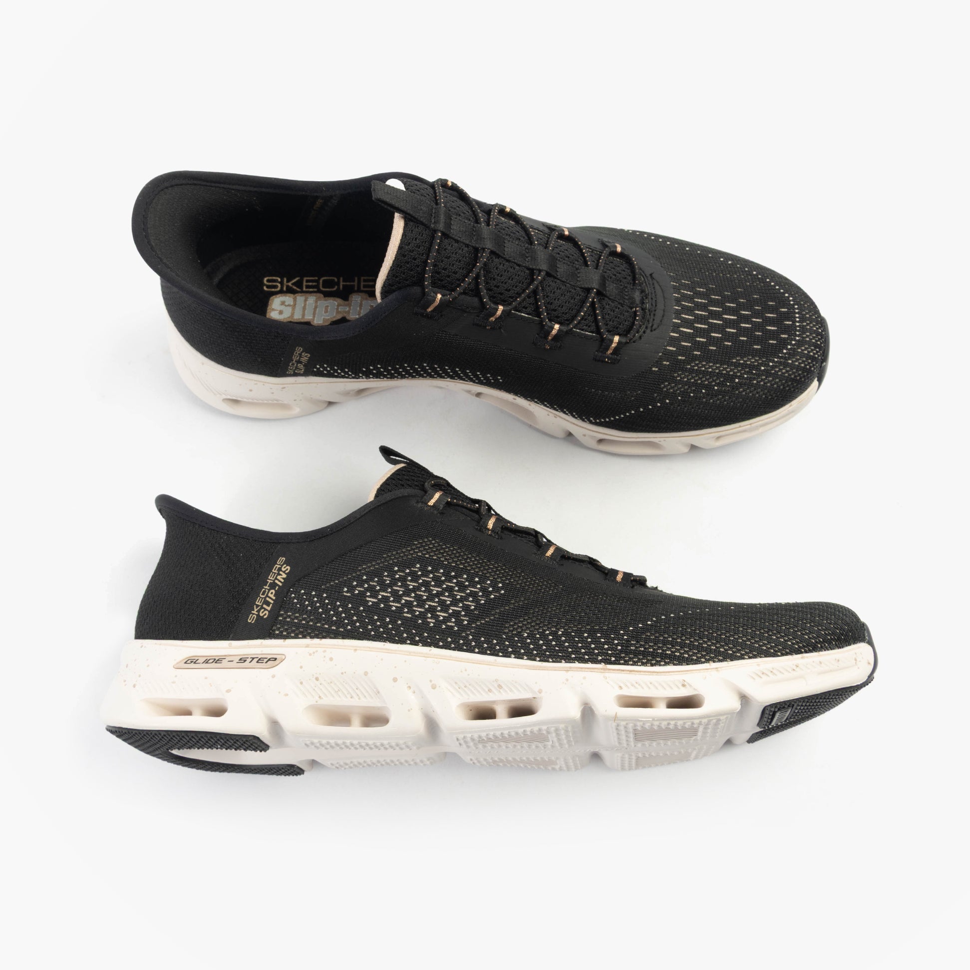 Skechers 104610/BKGD GLIDE-STEP GRATIFY - PACE Womens Trainers Black/Gold top view showing breathable mesh upper and lace-up design.