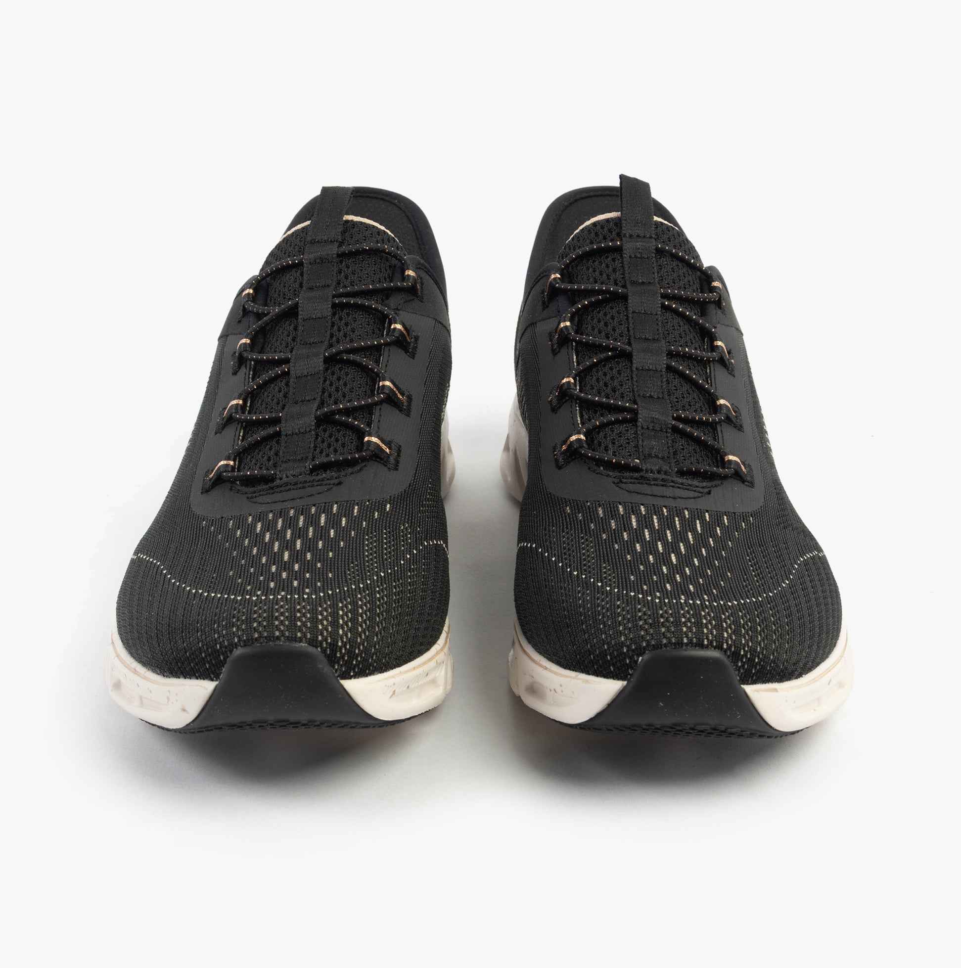 Skechers 104610/BKGD GLIDE-STEP GRATIFY - PACE Womens Trainers Black/Gold top view showcasing lace-up design and breathable mesh.