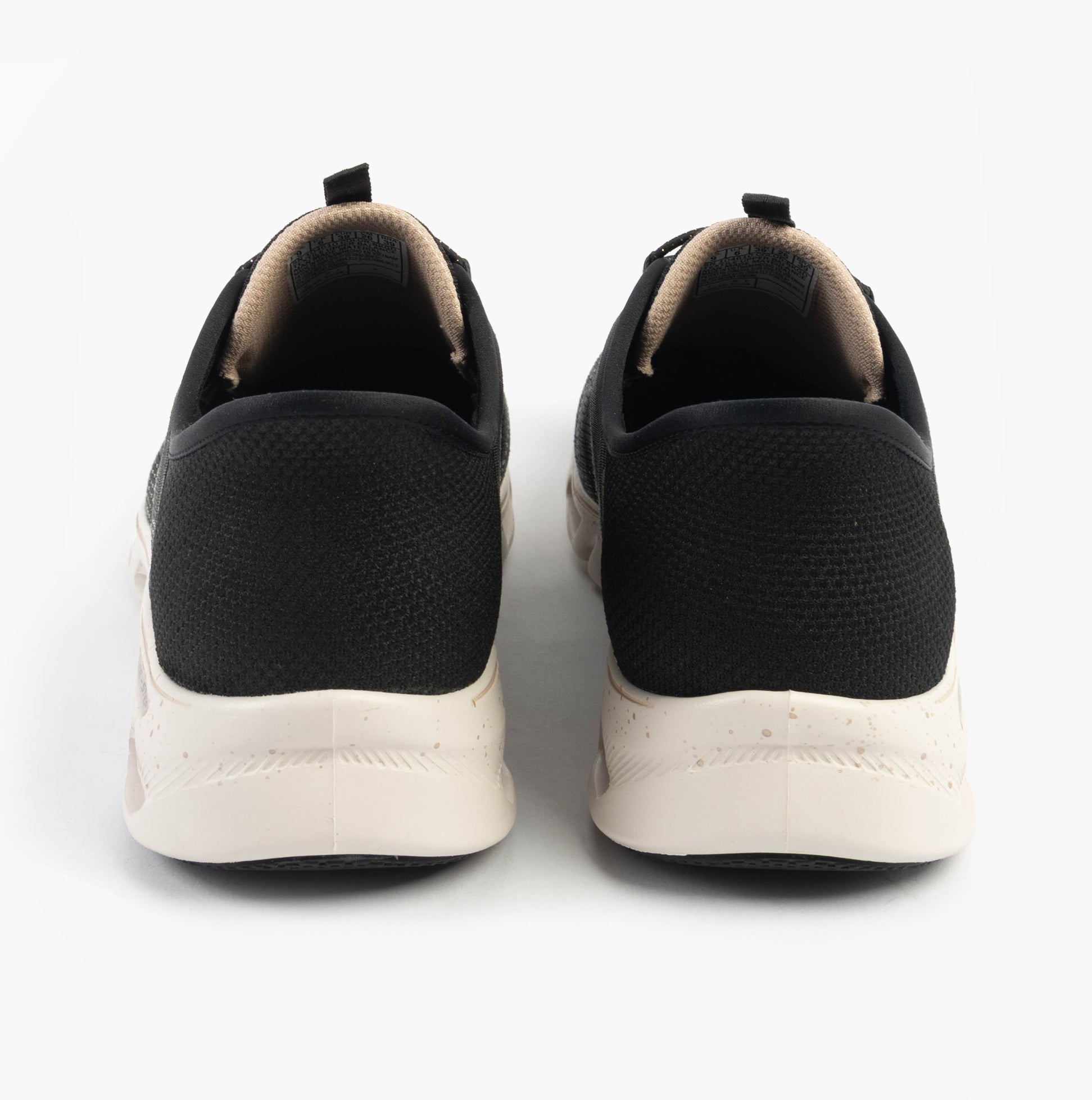 Skechers 104610/BKGD GLIDE-STEP GRATIFY - PACE Womens Trainers Black/Gold back view with low top and lace-up design.