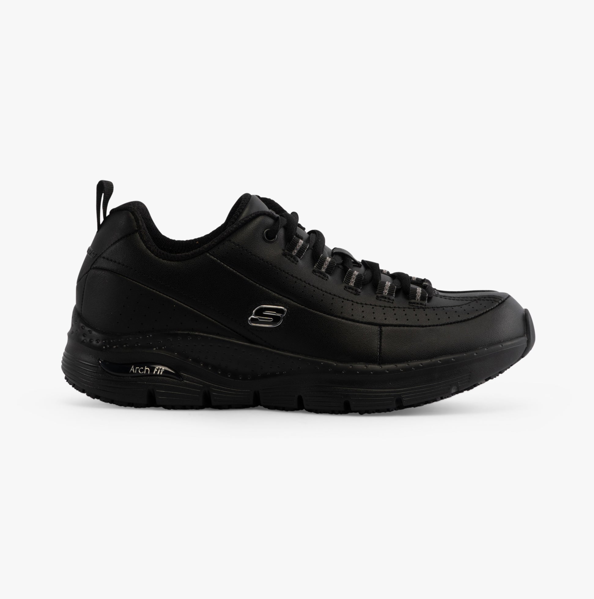 Side view of Skechers Work 108053EC ARCH FIT - TRICKELL II SR Womens Occupational Trainers Black, showing lace-up design and Arch Fit sole.
