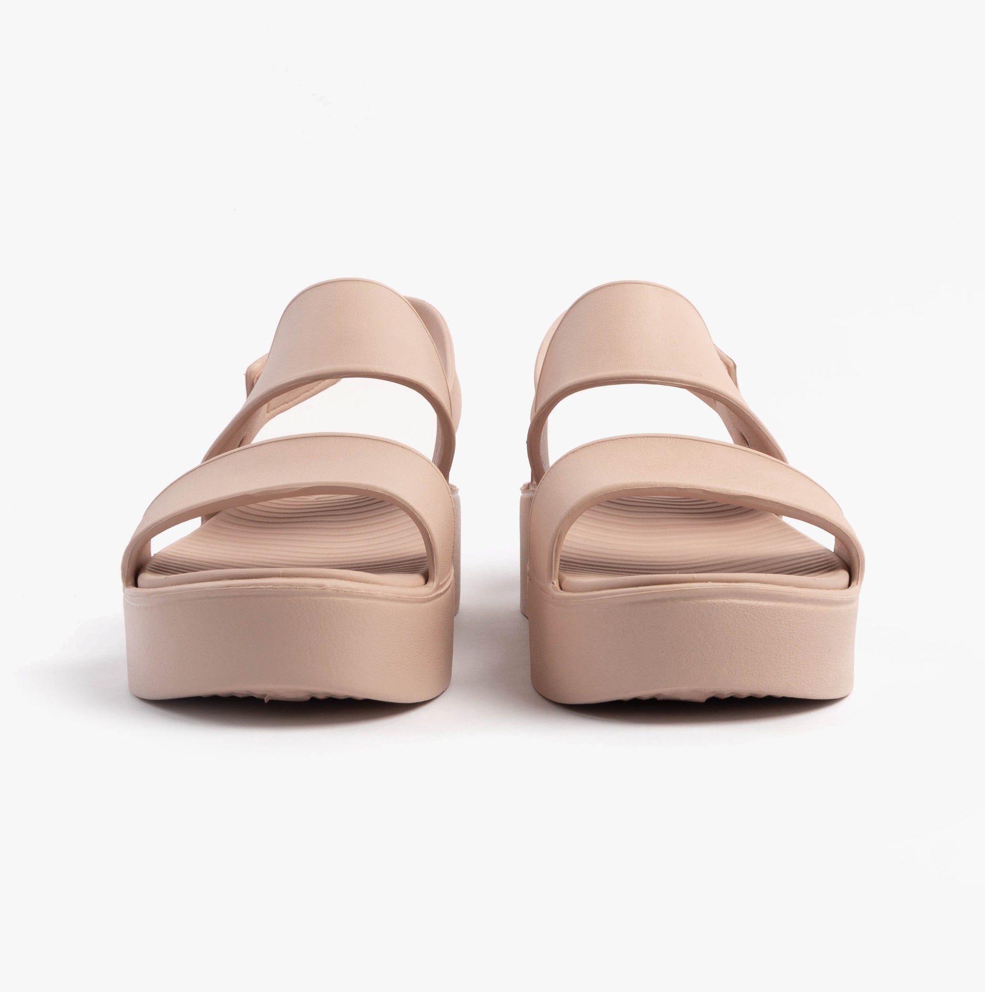 Skechers 111257/LTPK ARCH FIT UPBEAT - SUNRISE Womens Sandals Light Pink front view showing soft straps and platform heel.
