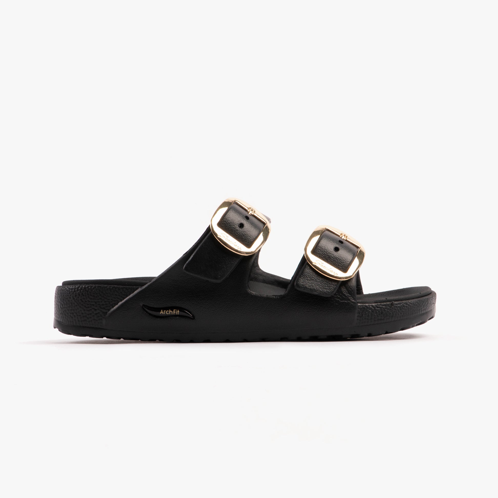 Skechers 111592/BLK ARCH FIT CALI BREEZE - GOLD STAR Womens Sandals Black side view with double buckle detail