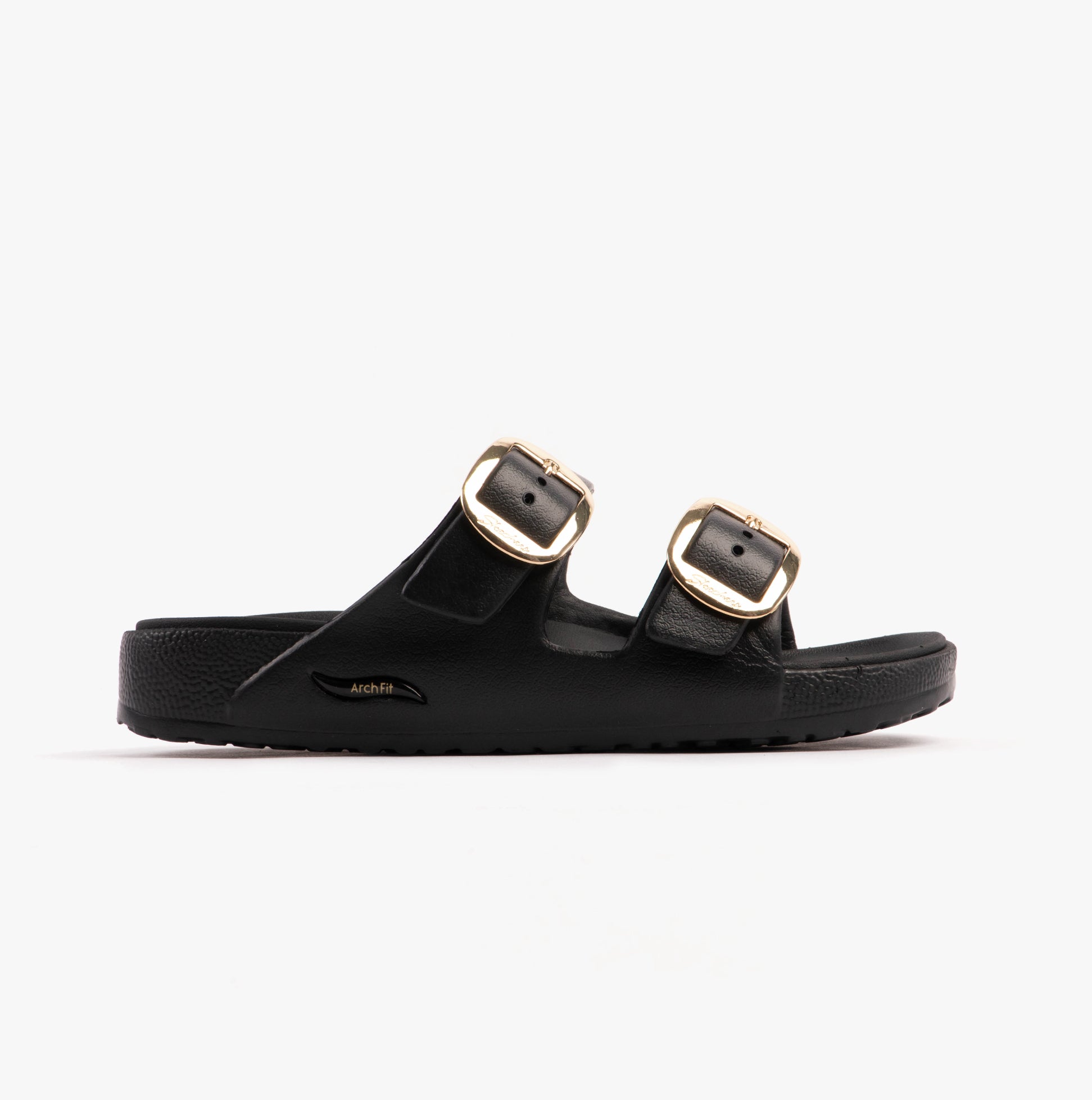 Skechers 111592/BLK ARCH FIT CALI BREEZE - GOLD STAR Womens Sandals Black side view with double buckle detail