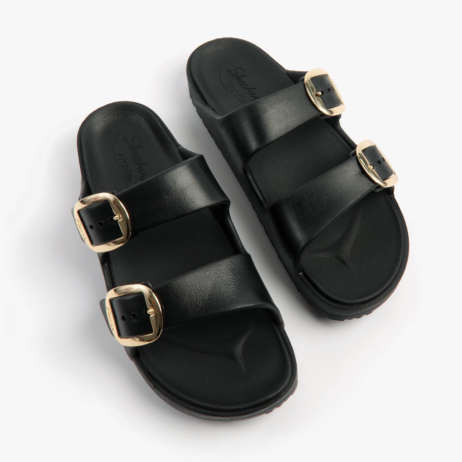 Skechers 111592/BLK ARCH FIT CALI BREEZE - GOLD STAR Womens Sandals Black top view showcasing dual buckle straps.