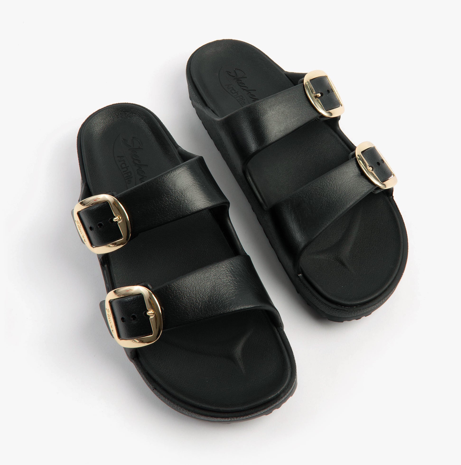 Skechers 111592/BLK ARCH FIT CALI BREEZE - GOLD STAR Womens Sandals Black top view showcasing dual buckle straps.