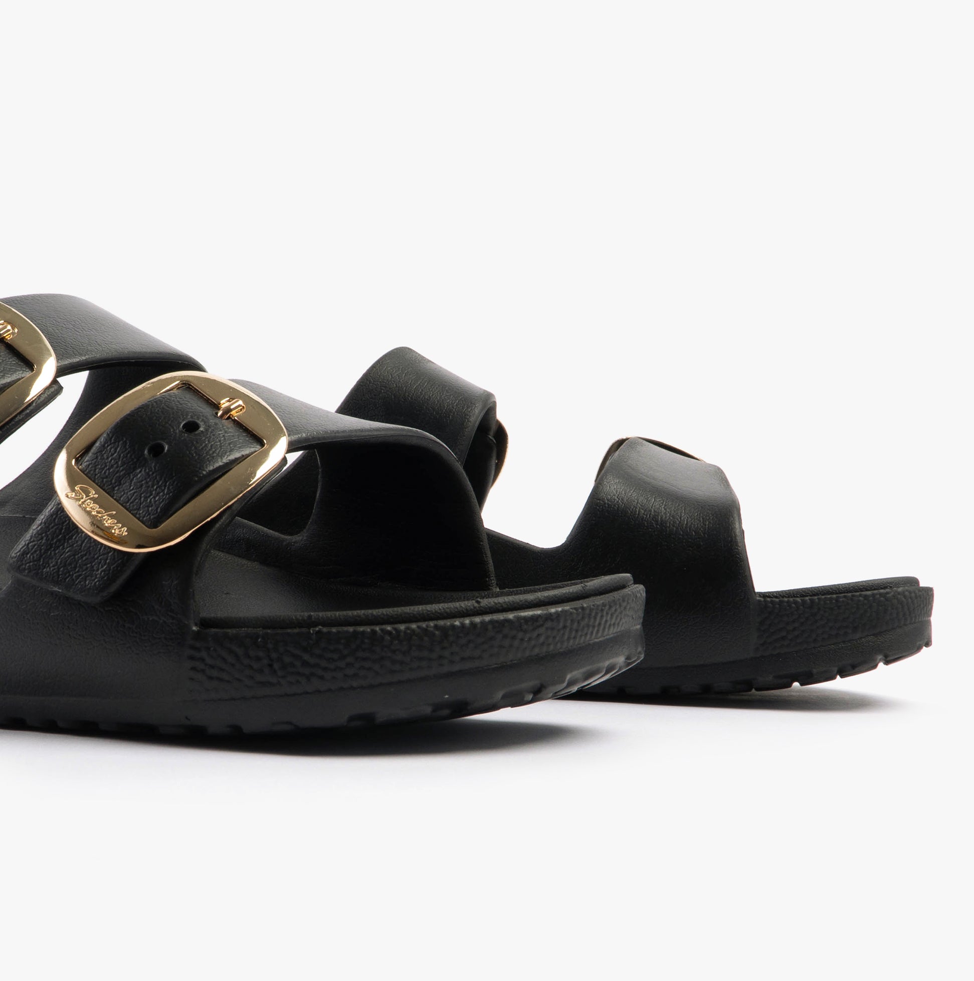 Skechers 111592/BLK ARCH FIT CALI BREEZE - GOLD STAR Womens Sandals Black side view with gold buckles.