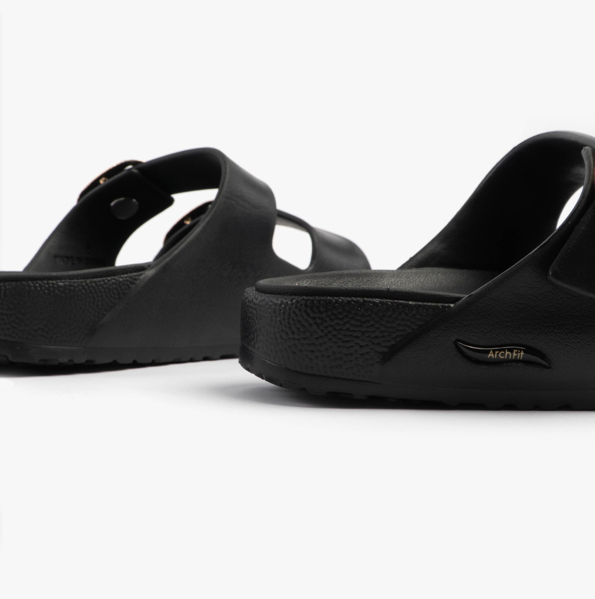 Skechers 111592/BLK ARCH FIT CALI BREEZE - GOLD STAR Womens Sandals Black side view with EVA upper and Lightweight design.