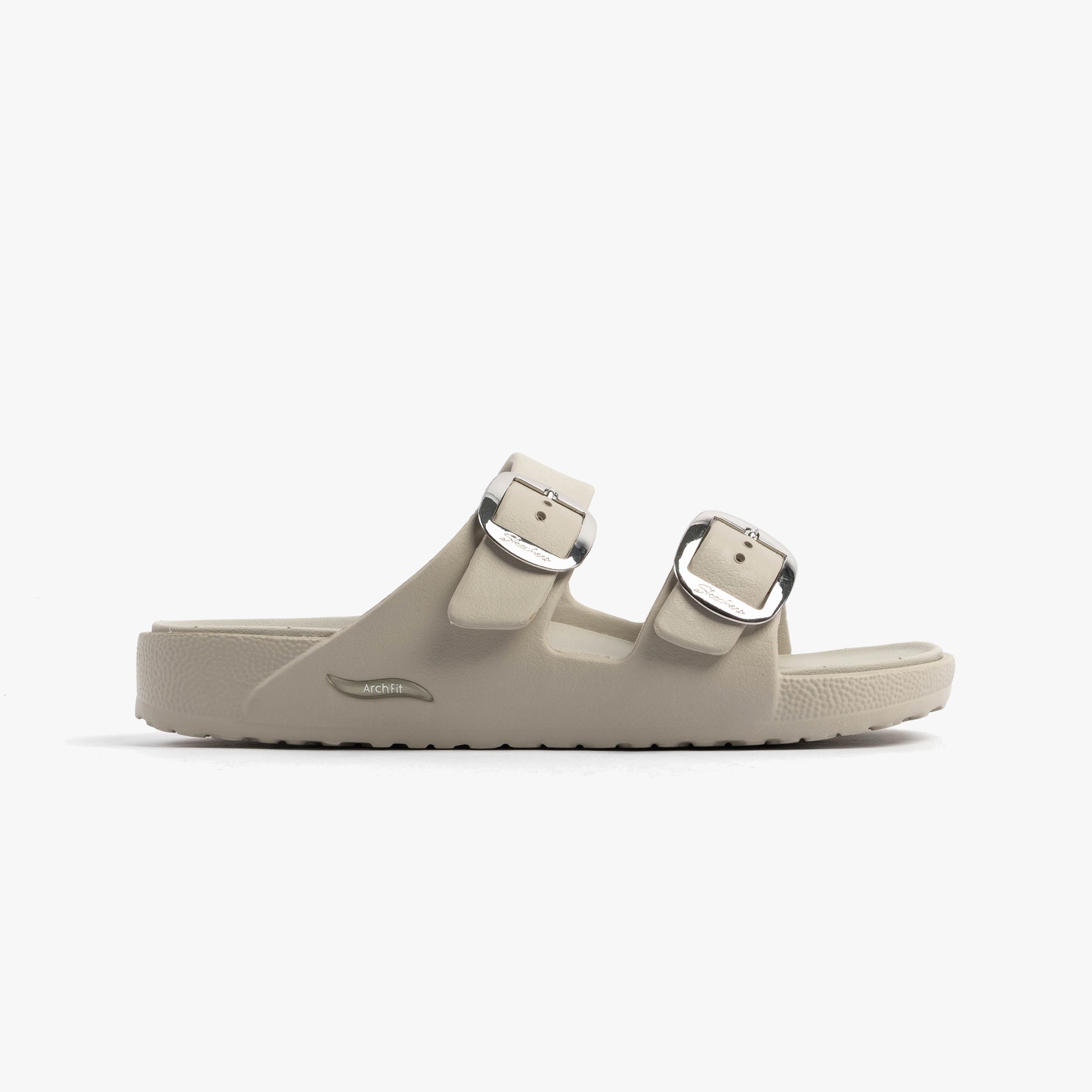 Skechers 111592/NAT ARCH FIT CALI BREEZE - GOLD STAR Womens Sandals Natural/Purple side view showcasing buckle details.