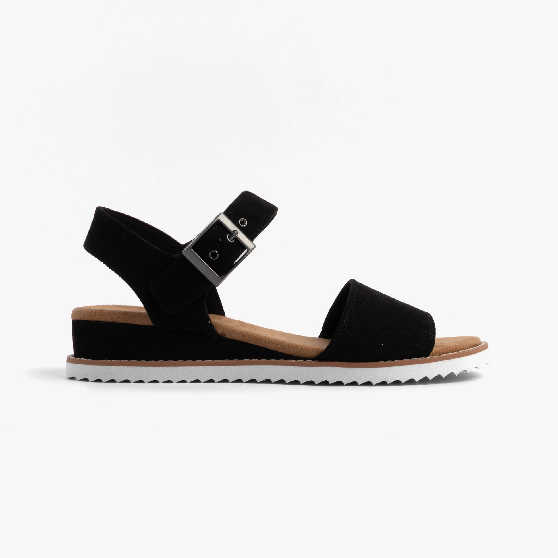 Skechers 114147/BLK BOBS DESERT KISS - SERENDIPITOUS Womens Sandals Black side view with buckle detail and soft faux suede.