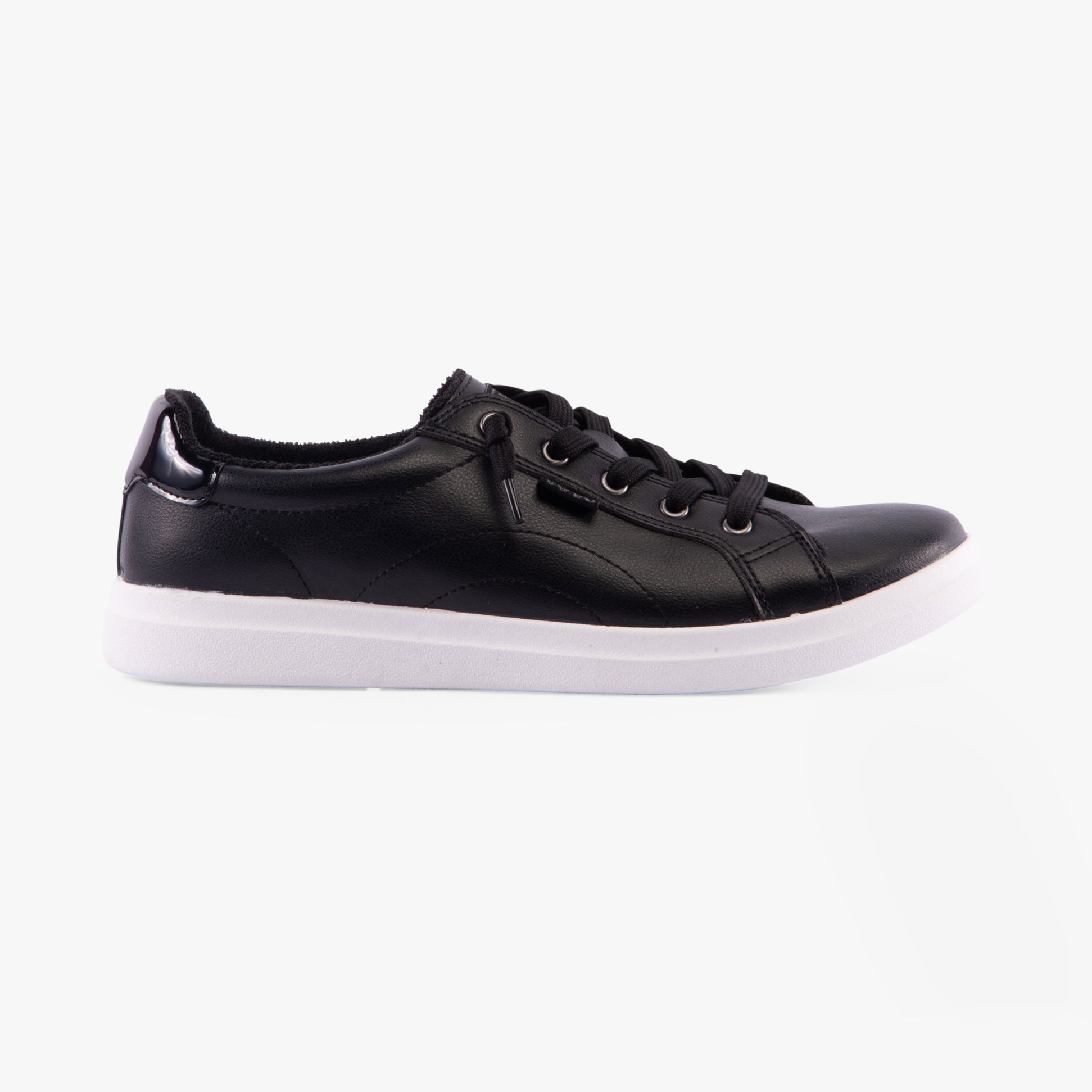 Skechers 114456/BLK BOBS D'VINE - INSTANT DELIGHT Womens Trainers Black side view with faux leather upper and lace-up closure.