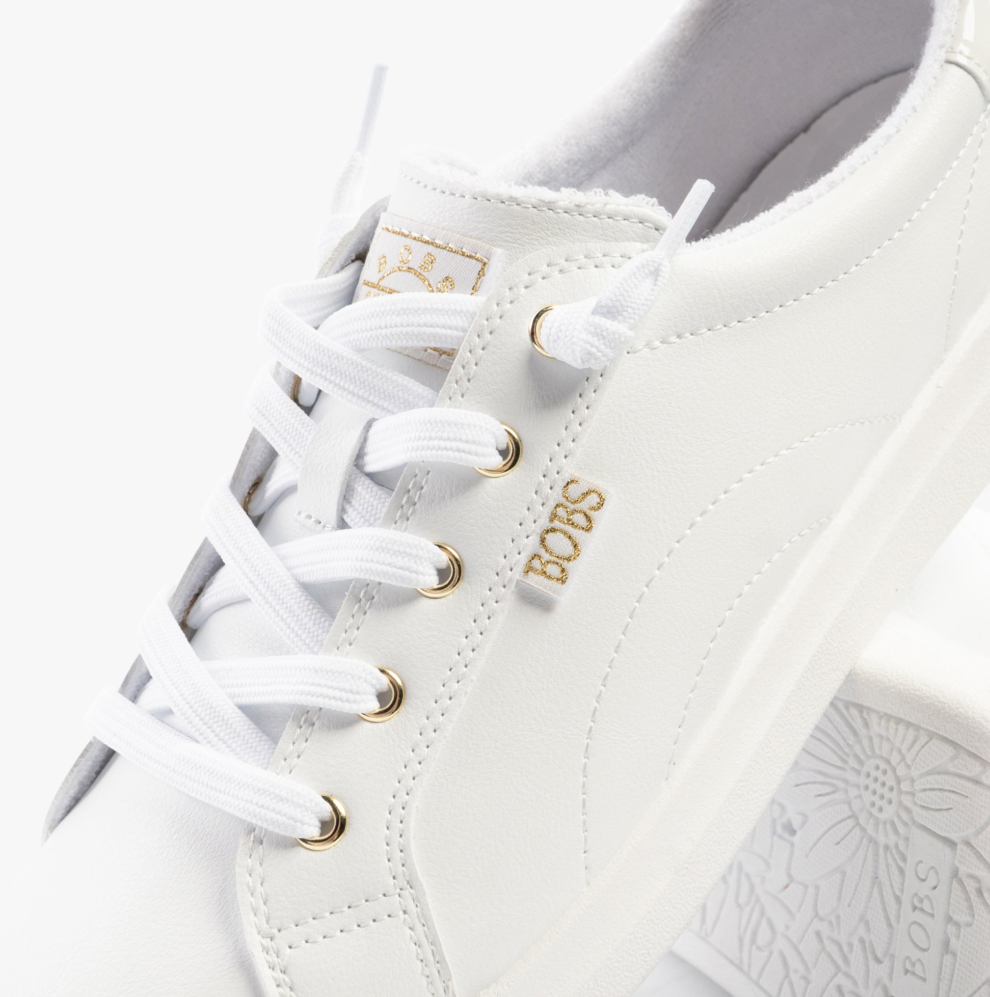 Skechers 114456/WHT BOBS D'VINE - INSTANT DELIGHT Womens Trainers White close-up view showing lace-up detail and branding.