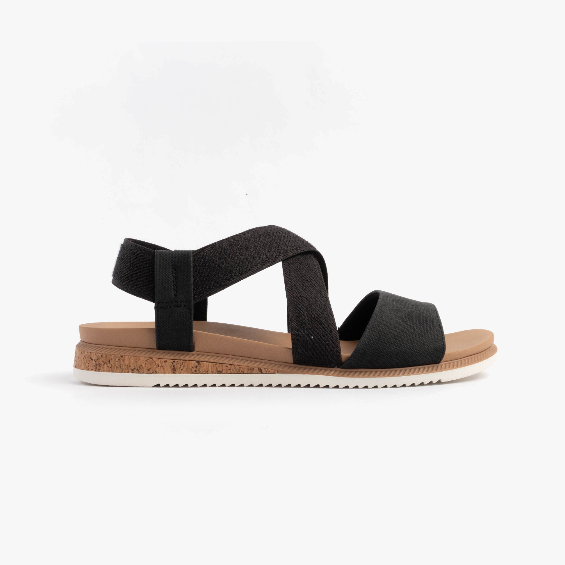Skechers 114705/BLK BOBS DESERT KISS LOW Womens Sandals Black side view of comfortable slip-on sandals.