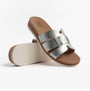 Skechers 114707/SIL BOBS DESERT KISS LOW - PEAK LOOK Womens Sandals Silver side view showcasing synthetic leather and rubber sole.