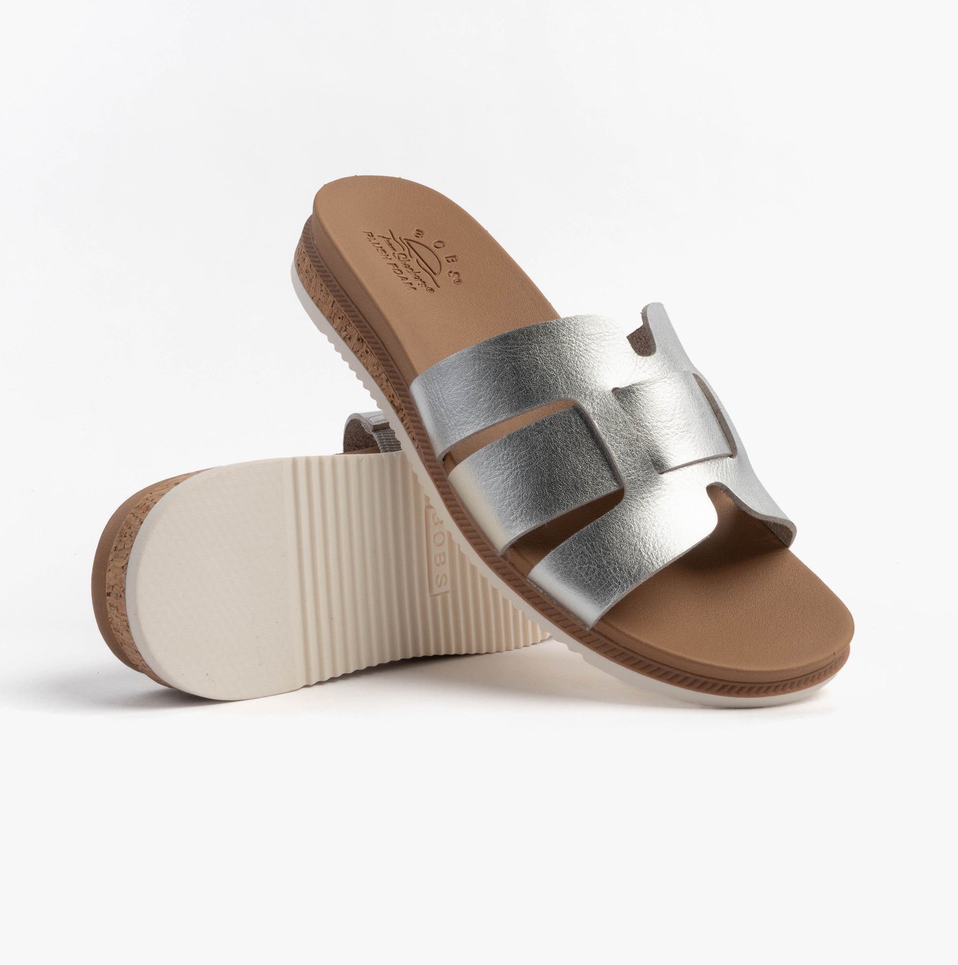 Skechers 114707/SIL BOBS DESERT KISS LOW - PEAK LOOK Womens Sandals Silver side view showcasing synthetic leather and rubber sole.