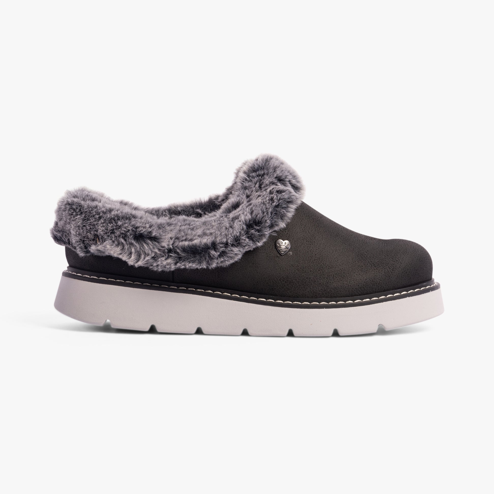 Skechers 114762/BLK KEEPSAKES LITE - COZY BLEND Womens Slippers Black side view showing soft fur lining and flexible outsole.