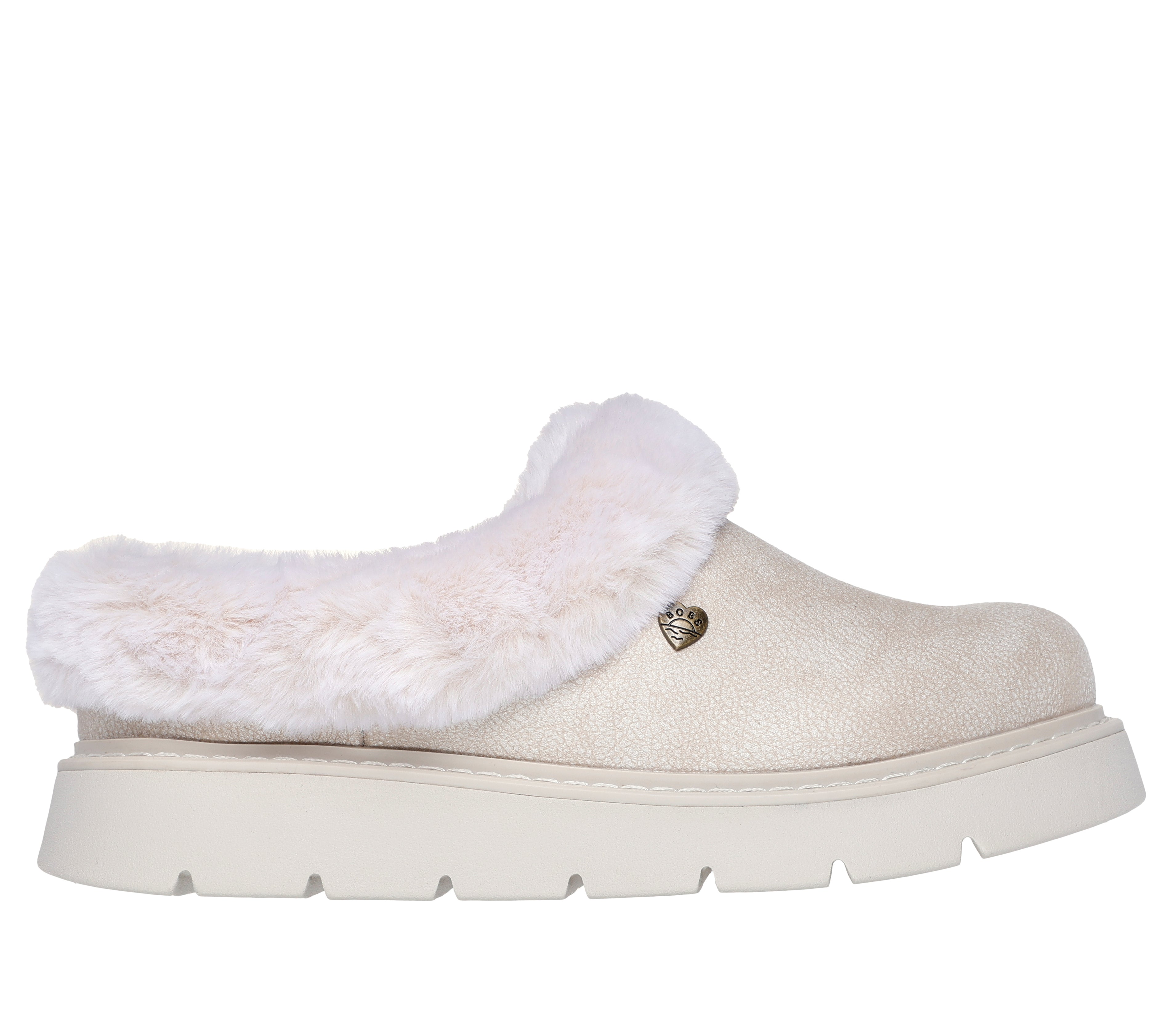 Skechers 114762/OFWT KEEPSAKES LITE - COZY BLEND Womens Slippers Off White side view with faux fur lining and rubber sole.