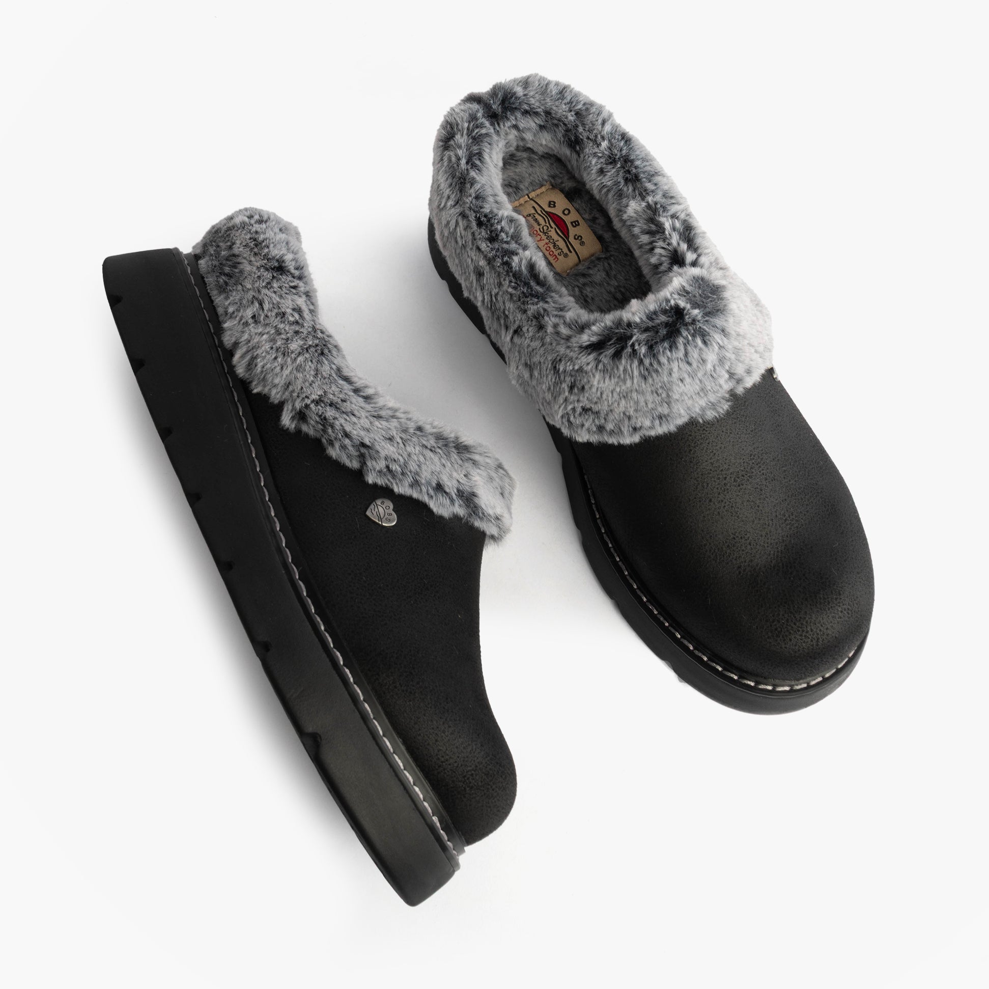 Skechers 114762/BBK KEEPSAKES LITE - COZY BLEND Womens Slippers Black side view with gray faux fur lining.