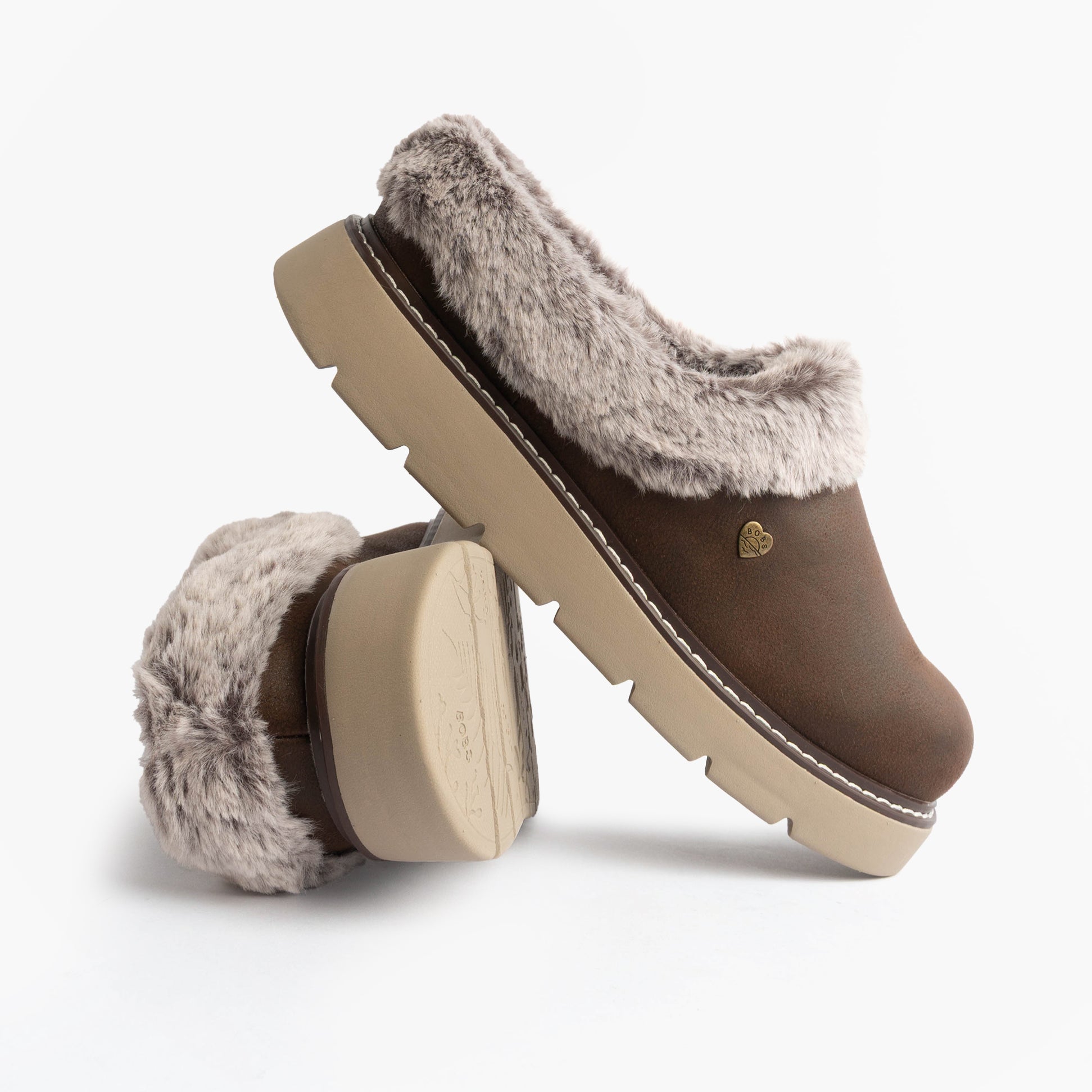 Skechers 114762/CHOC KEEPSAKES LITE - COZY BLEND Womens Slippers Chocolate side view with soft fur lining and flat sole.