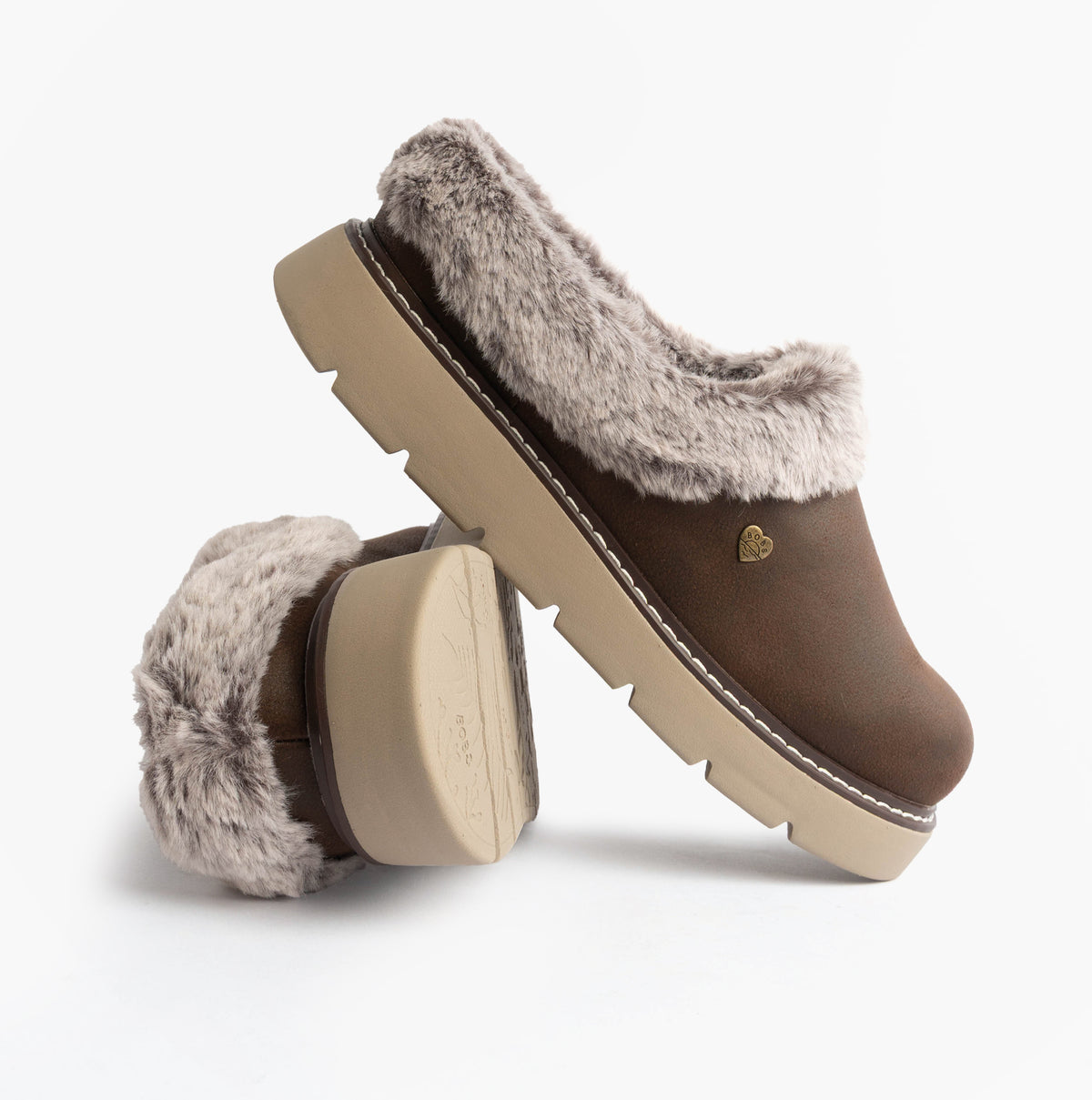 Skechers 114762/CHOC KEEPSAKES LITE - COZY BLEND Womens Slippers Chocolate side view with soft fur lining and flat sole.