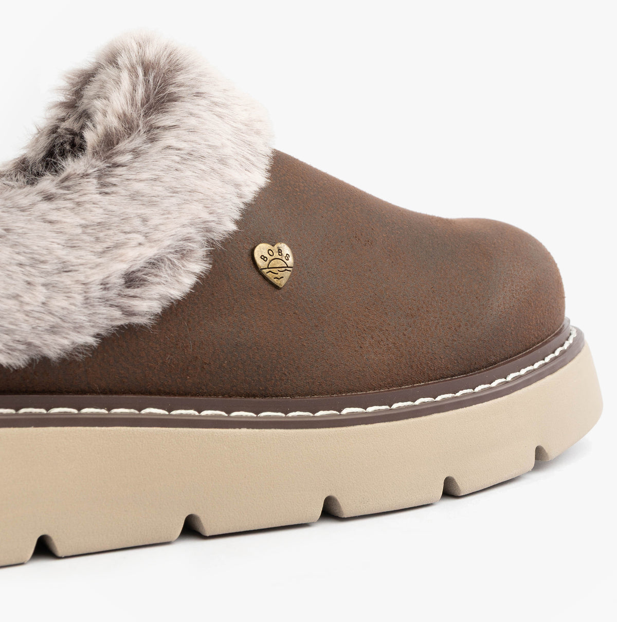 Skechers 114762/CHOC KEEPSAKES LITE - COZY BLEND Womens Slippers Chocolate side view featuring soft fur collar and sturdy sole.