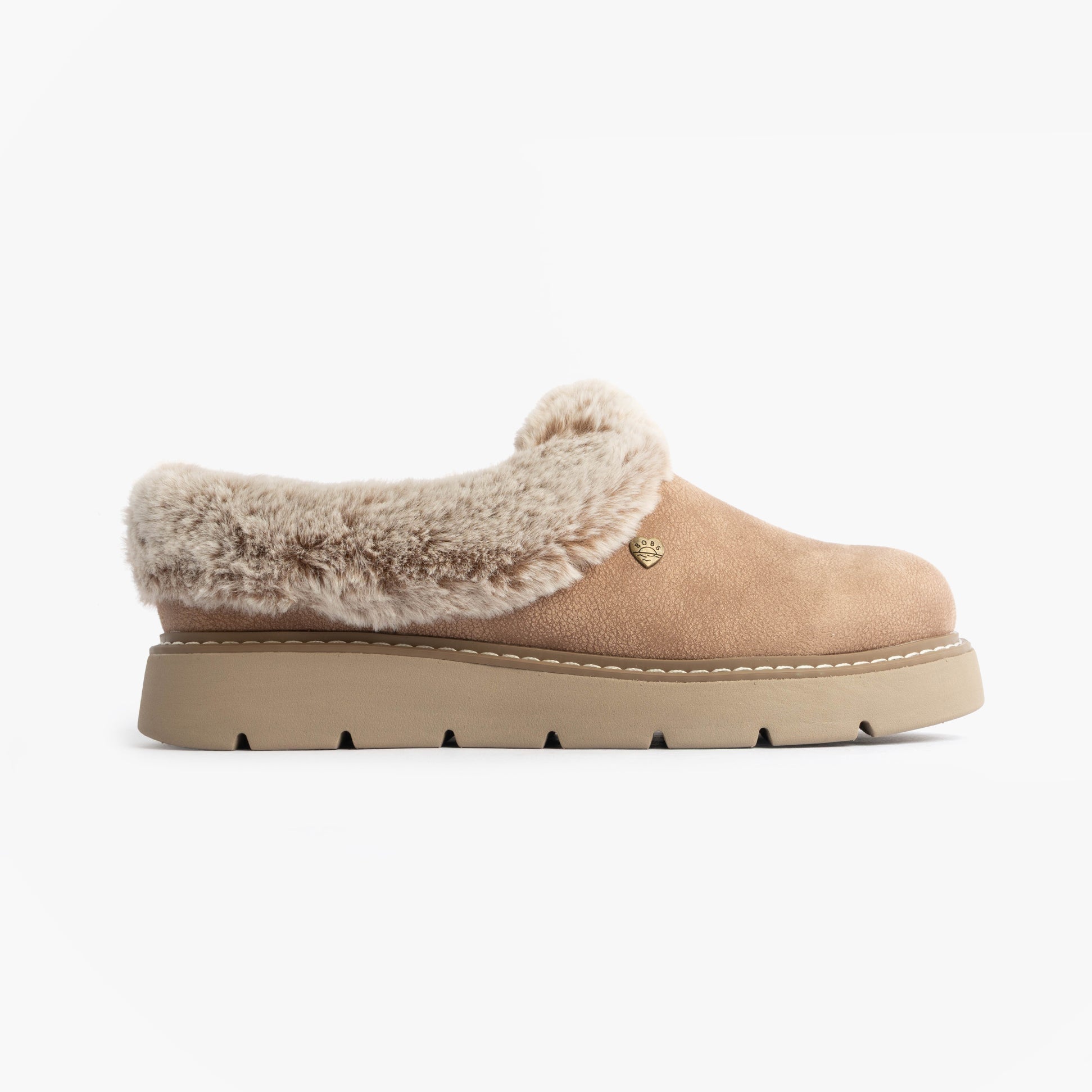 Skechers 114762/TPE KEEPSAKES LITE - COZY BLEND Womens Slippers Taupe side view featuring soft fur lining and slip-on design.