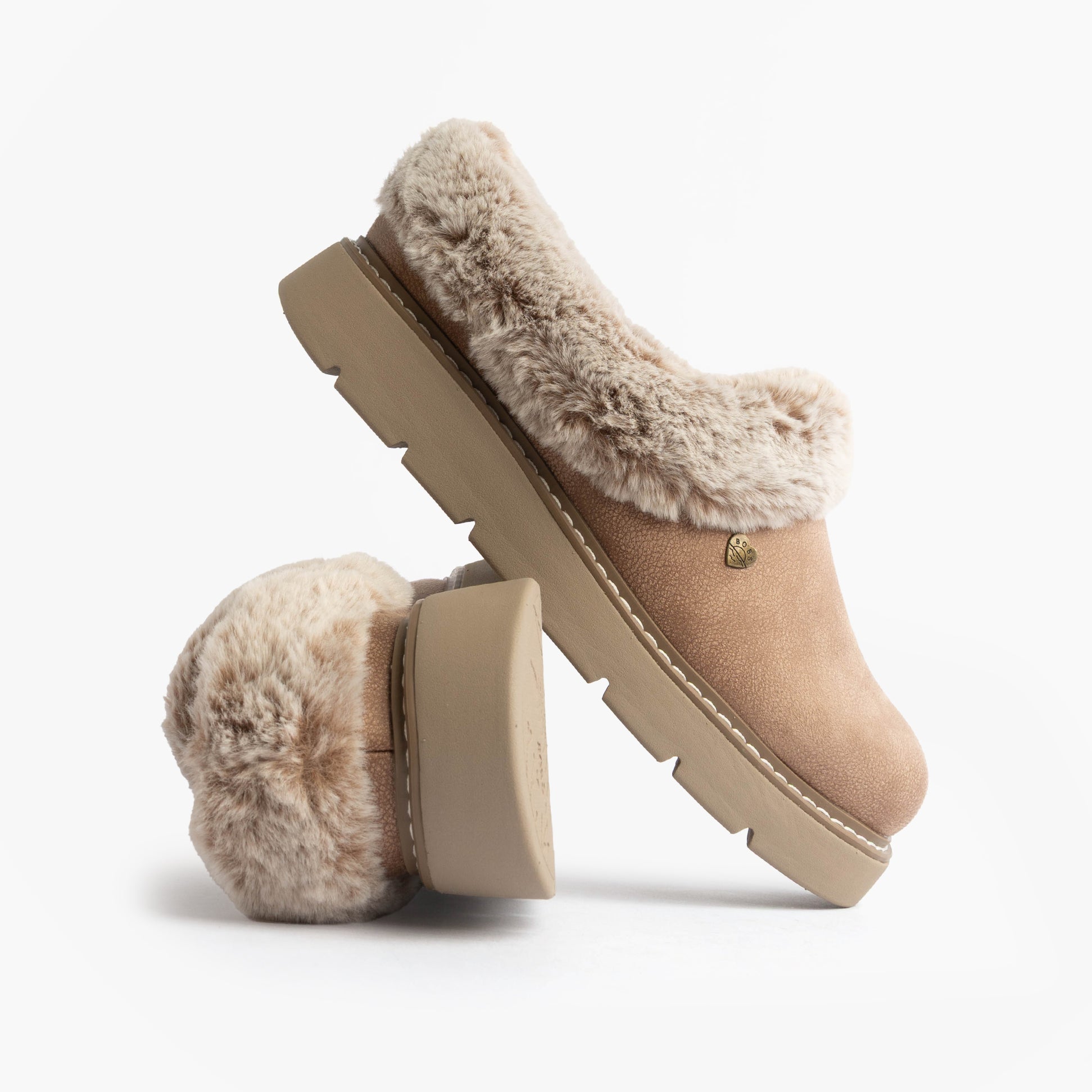 Skechers 114762/TPE KEEPSAKES LITE - COZY BLEND Womens Slippers Taupe side view showcasing soft fur lining and slip-on design.
