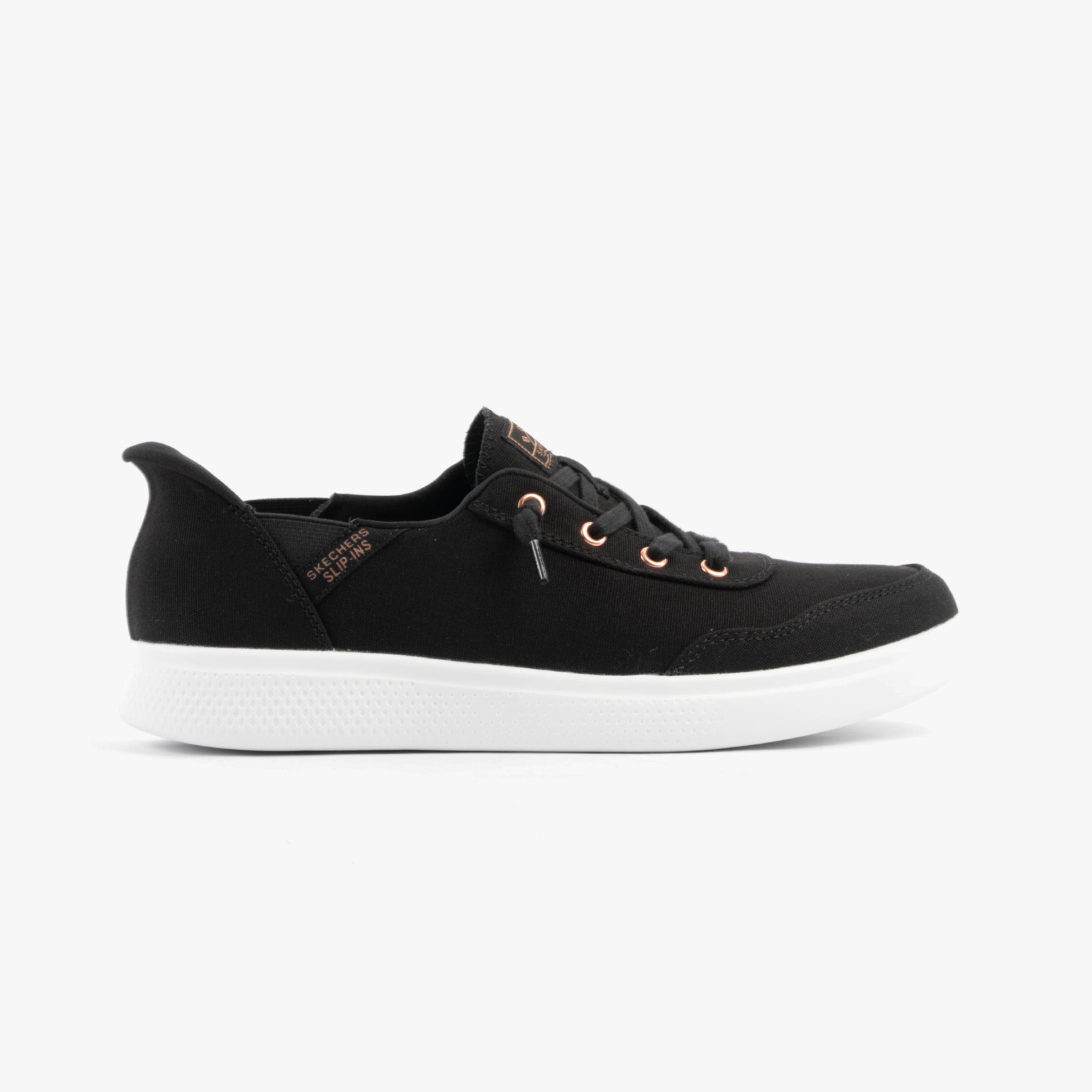 Skechers 114815/BLK SKIP CUTE - B CUTE SWEET Womens Trainers Black side view featuring lace-up closure and rubber sole.