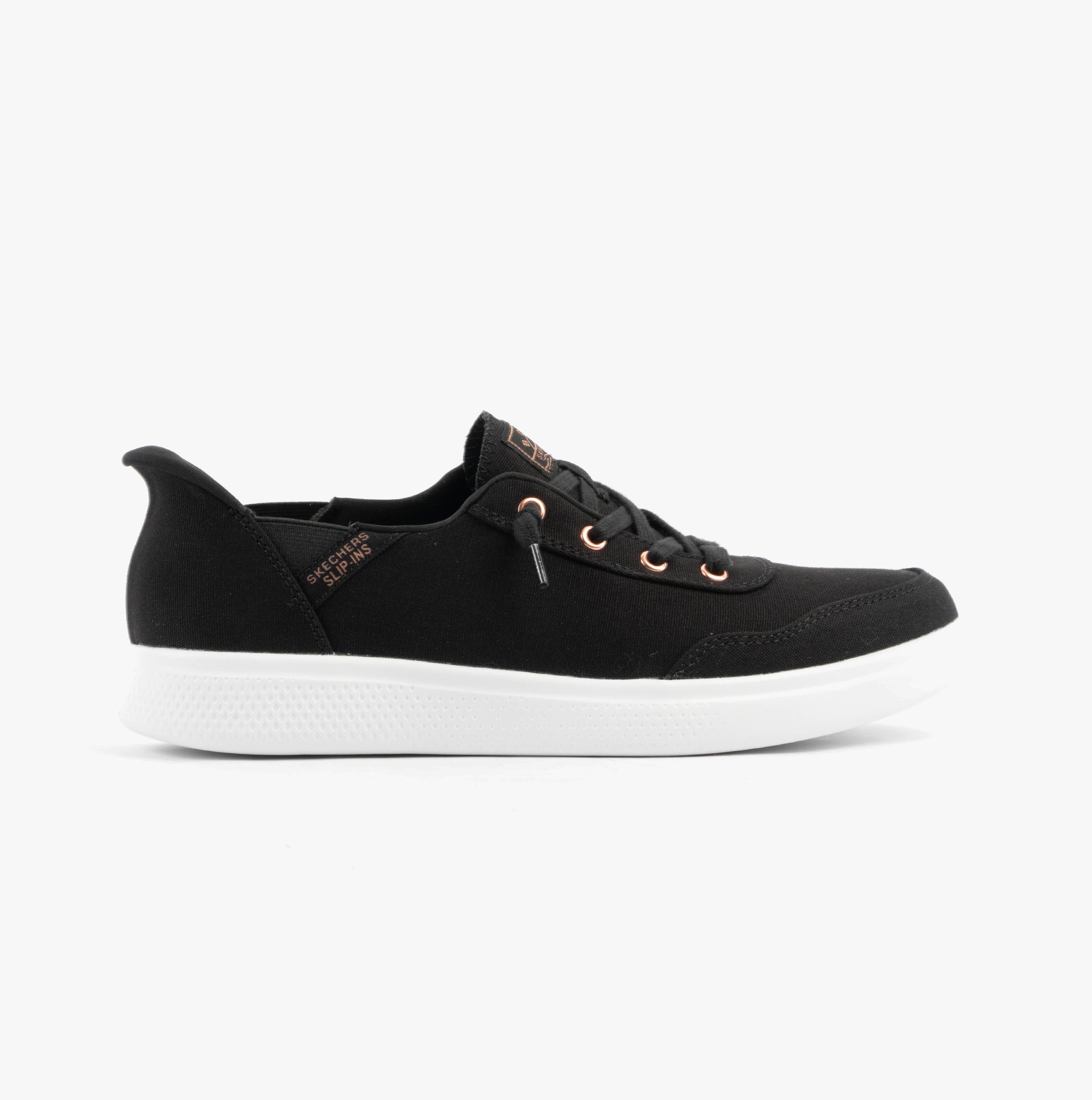 Skechers 114815/BLK SKIP CUTE - B CUTE SWEET Womens Trainers Black side view featuring lace-up closure and rubber sole.