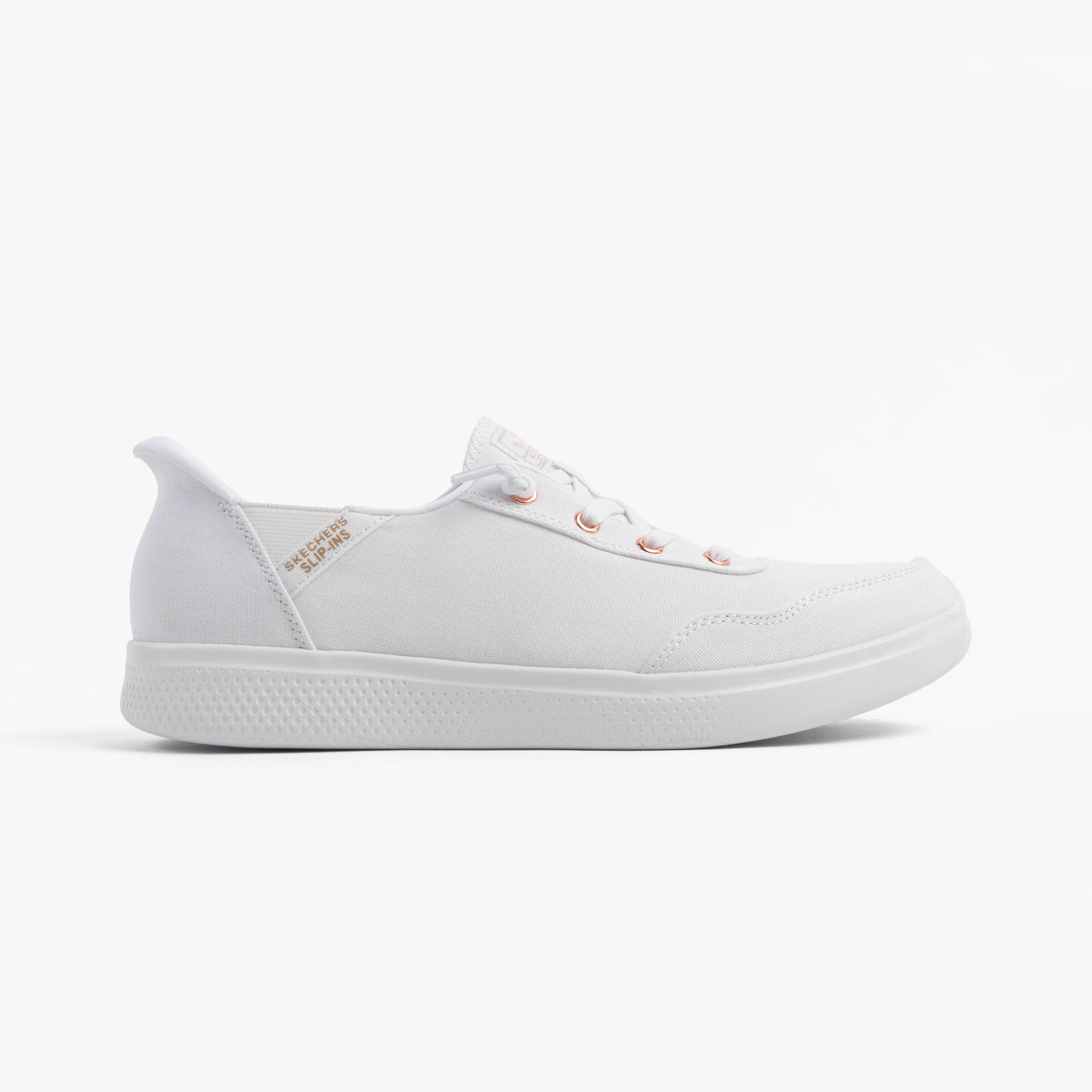 Skechers 114815/WHT SKIP CUTE - B CUTE SWEET Womens Trainers White side view showcasing canvas upper and lace-up design.