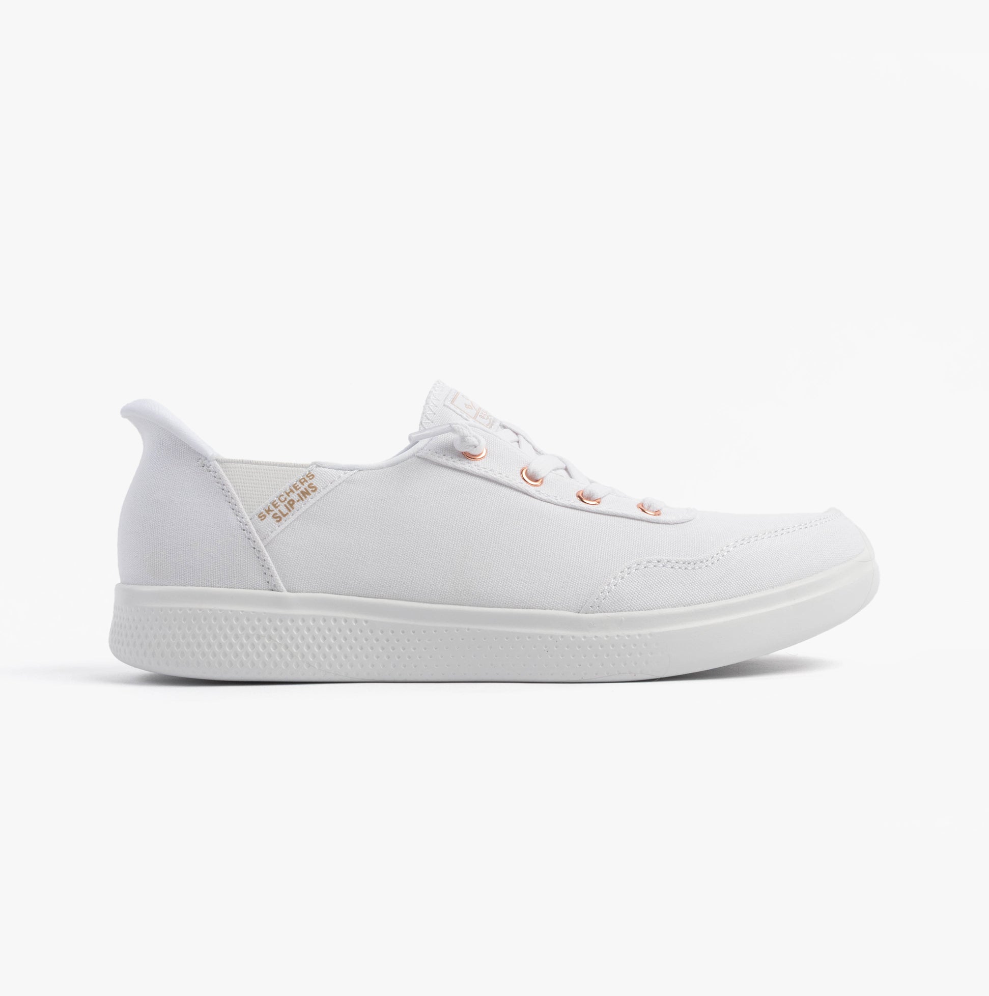 Skechers 114815/WHT SKIP CUTE - B CUTE SWEET Womens Trainers White side view showcasing canvas upper and lace-up design.