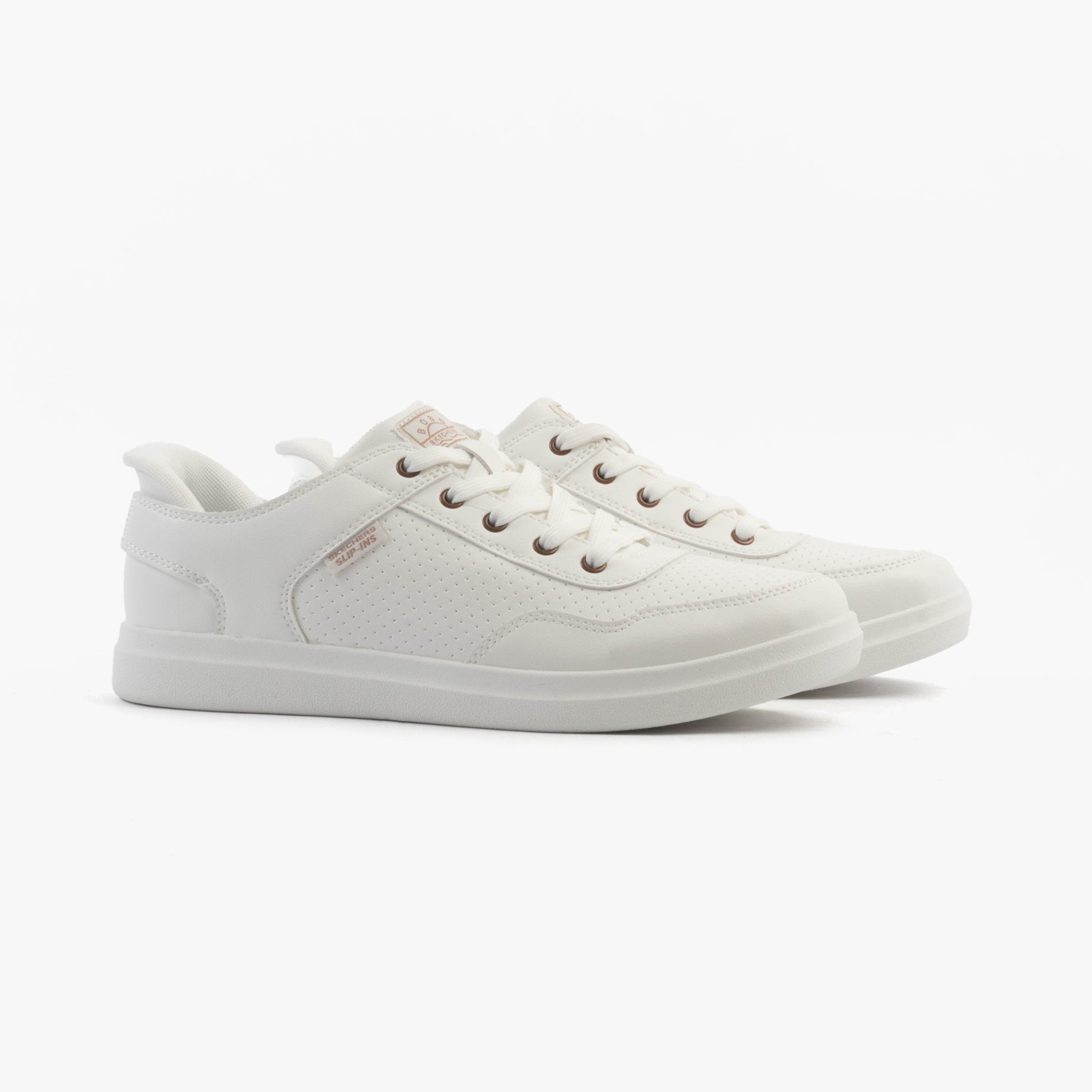Skechers 114825/WHT BOBS D'VINE - SO FLATTERED Womens Trainers White side view showcasing a casual synthetic leather design.