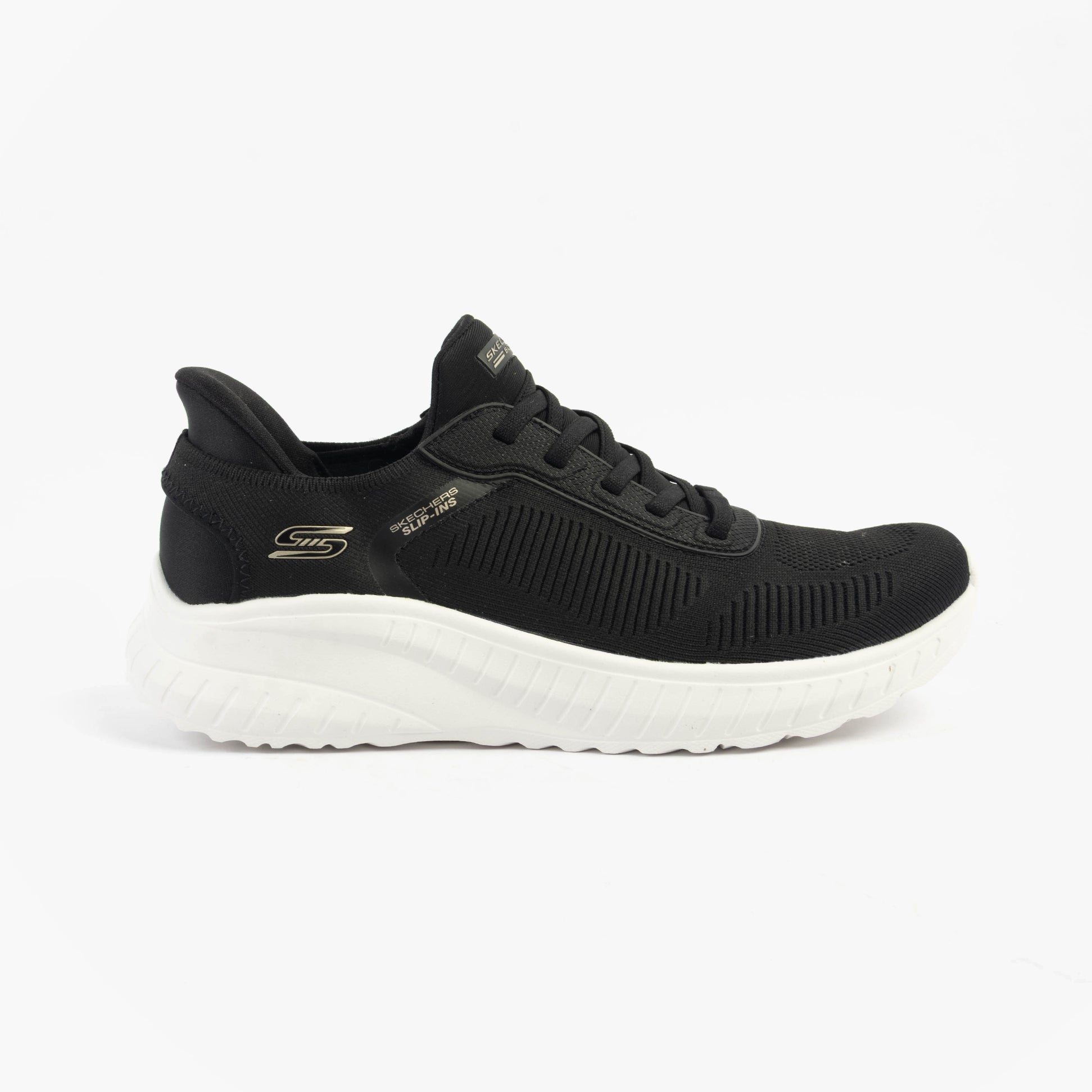 Skechers 117497/BLK BOBS SPORT SQUAD Womens Trainers Black side view showcasing textile upper and rubber sole.