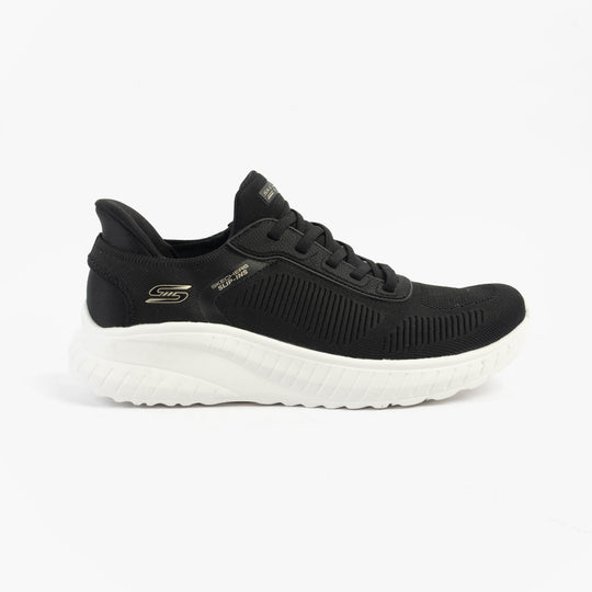 Skechers 117497/BLK BOBS SPORT SQUAD Womens Trainers Black side view showcasing textile upper and rubber sole.