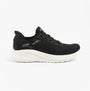 Skechers 117497/BLK BOBS SPORT SQUAD Womens Trainers Black side view showcasing textile upper and rubber sole.