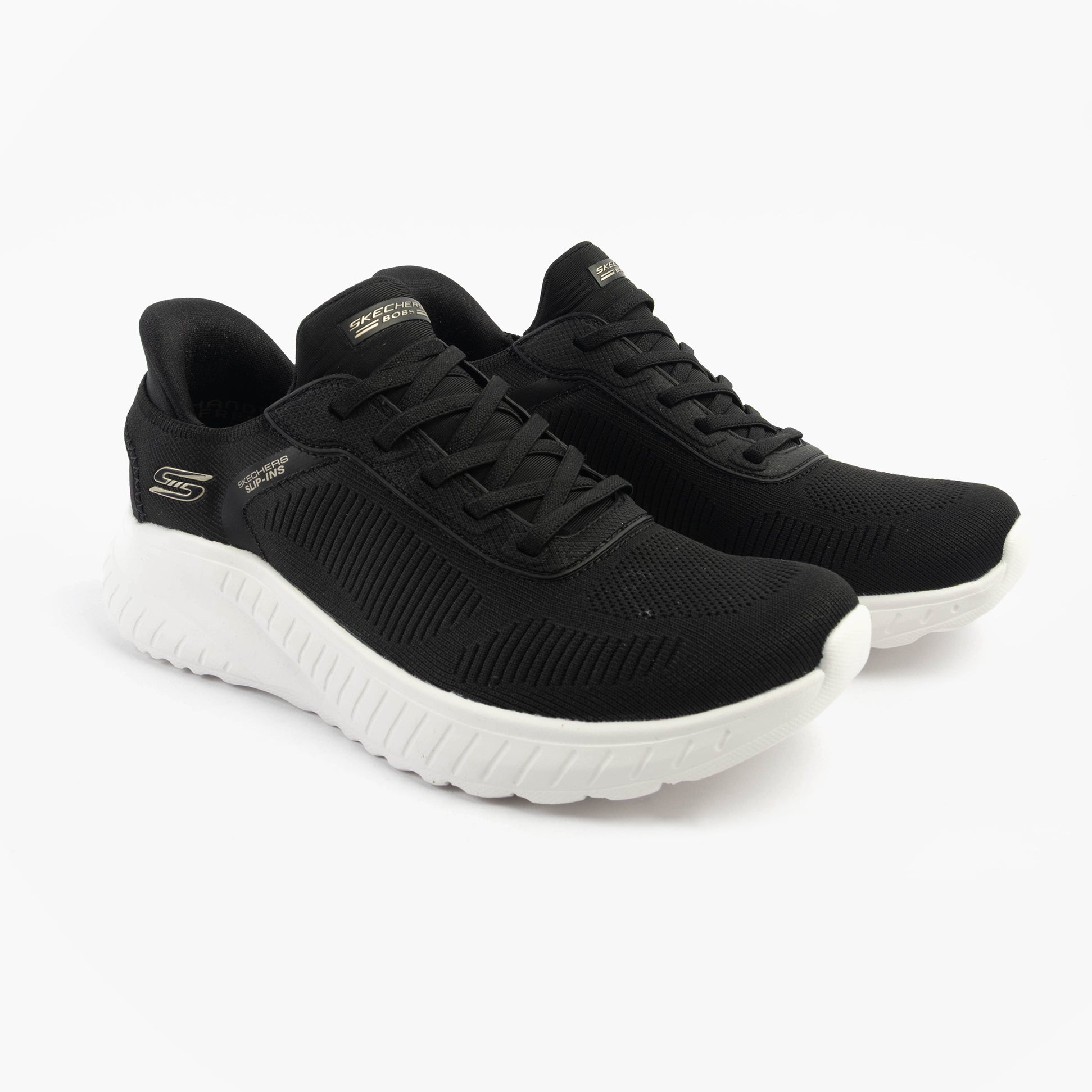 Skechers 117497/BLK BOBS SPORT SQUAD Womens Trainers Black side view featuring lightweight textile upper and rubber sole.