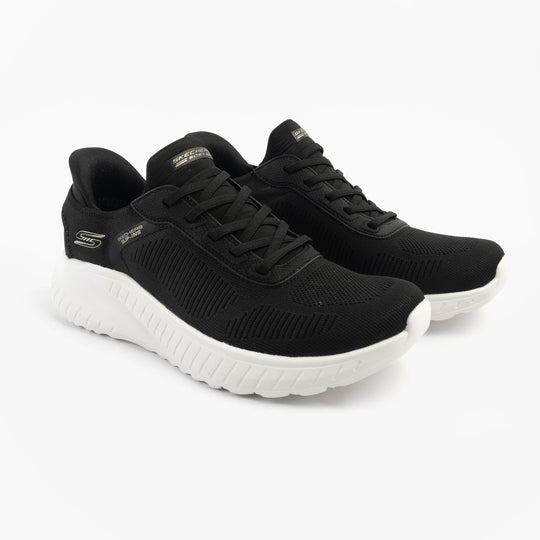 Skechers 117497/BLK BOBS SPORT SQUAD Womens Trainers Black side view featuring lightweight textile upper and rubber sole.