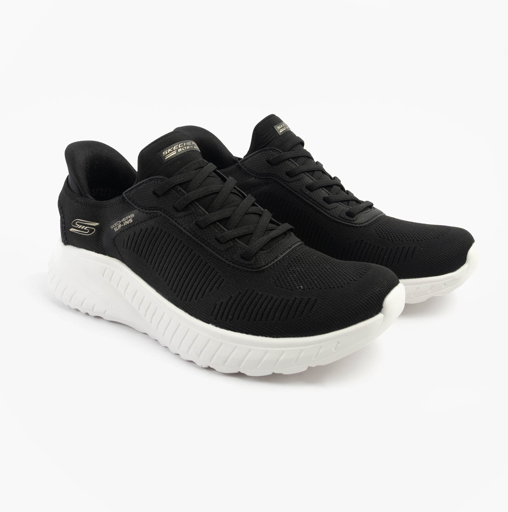 Skechers 117497/BLK BOBS SPORT SQUAD Womens Trainers Black side view featuring lightweight textile upper and rubber sole.